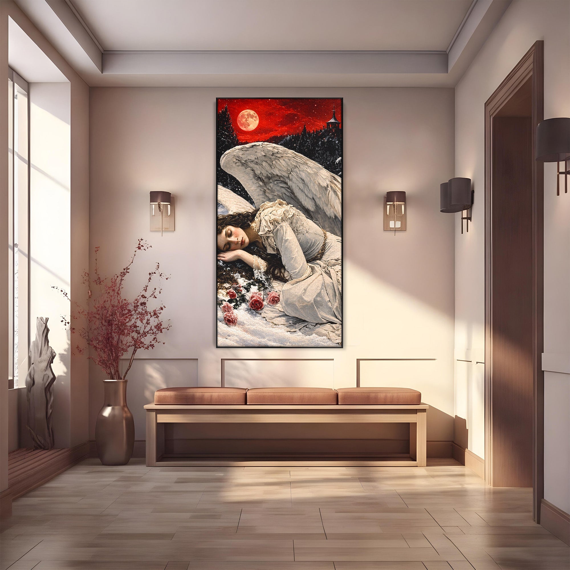 Tablou Canvas Premium LuxCanva® U1006, Ingerul Somnoros, Inger, Iarna, Visare, Noapte, Peisaj, Living, Dormitor, Culori Vibrante