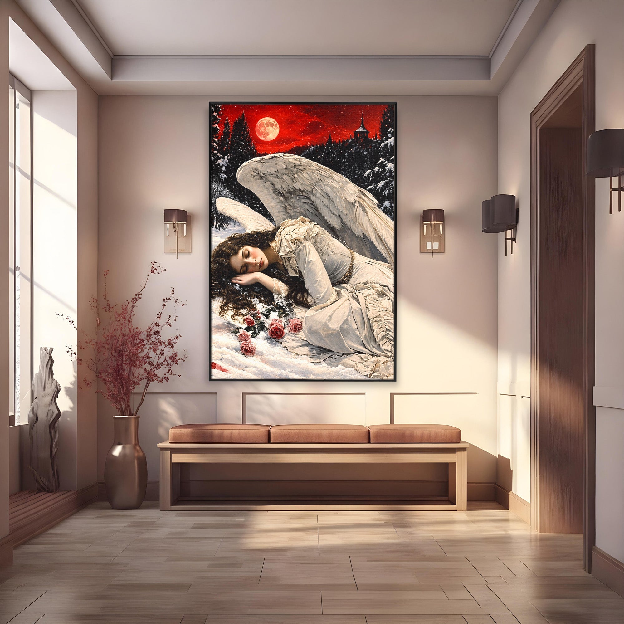 Tablou Canvas Premium LuxCanva® U1006, Ingerul Somnoros, Inger, Iarna, Visare, Noapte, Peisaj, Living, Dormitor, Culori Vibrante