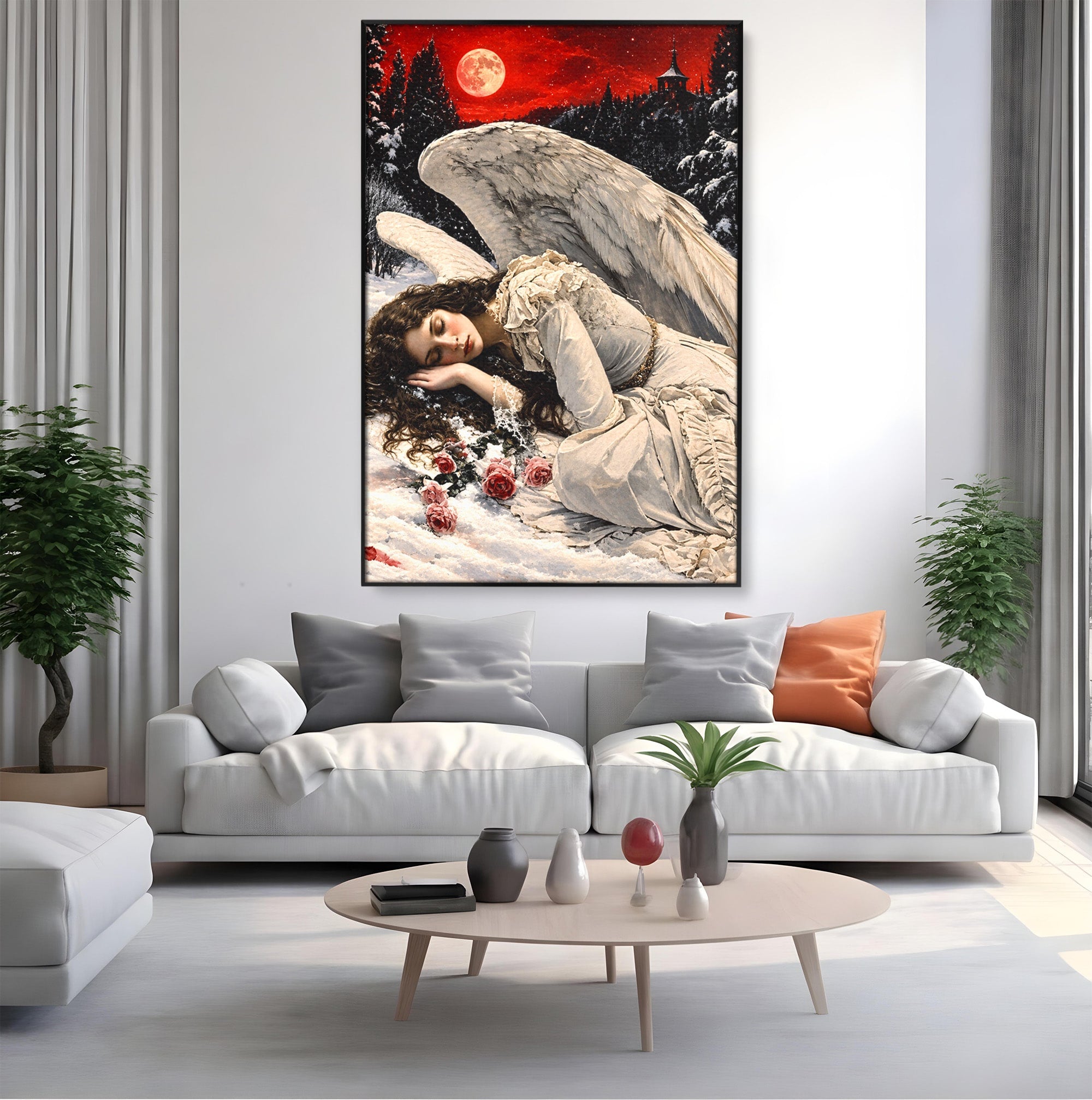 Tablou Canvas Premium LuxCanva® U1006, Ingerul Somnoros, Inger, Iarna, Visare, Noapte, Peisaj, Living, Dormitor, Culori Vibrante
