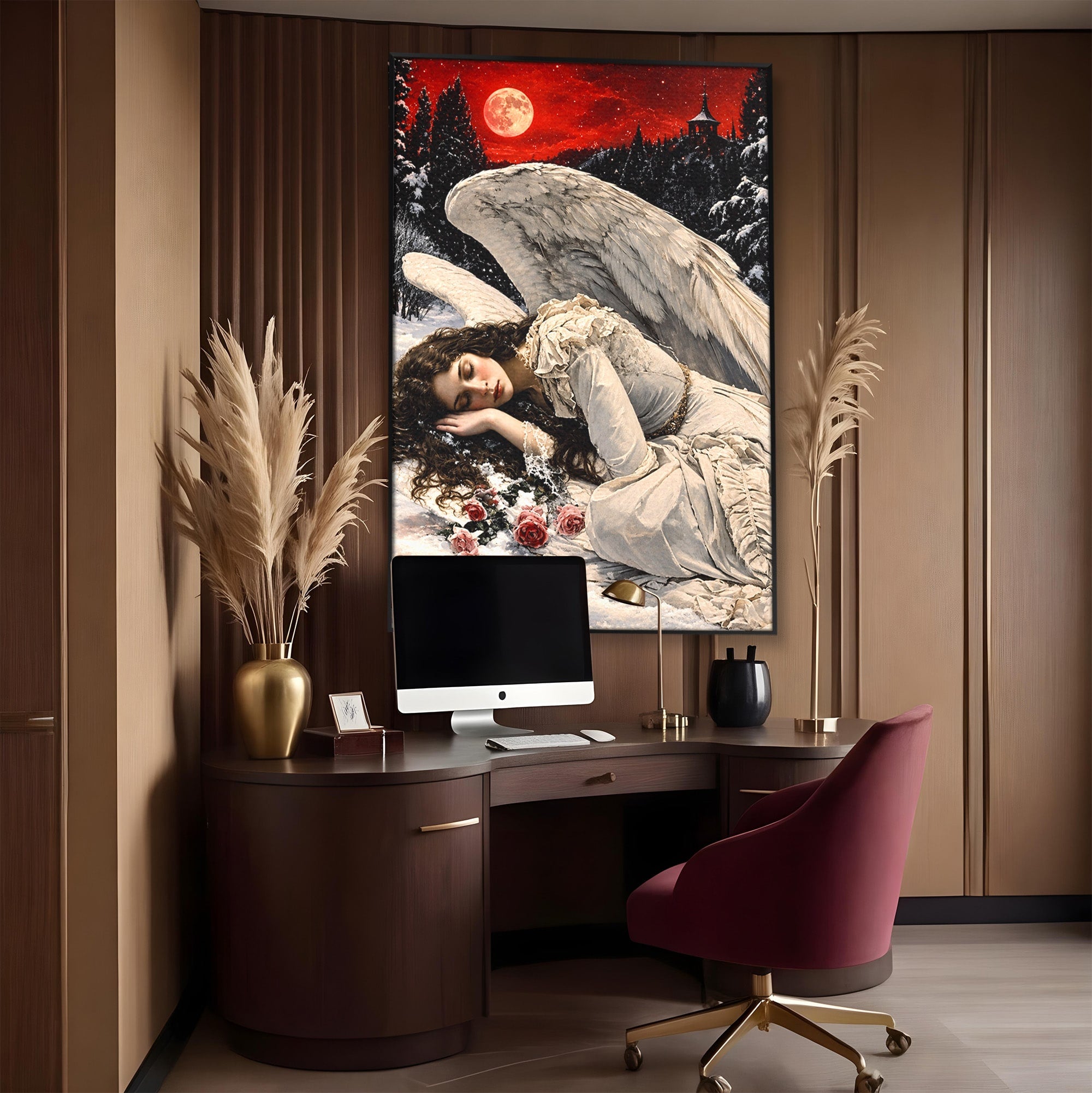 Tablou Canvas Premium LuxCanva® U1006, Ingerul Somnoros, Inger, Iarna, Visare, Noapte, Peisaj, Living, Dormitor, Culori Vibrante