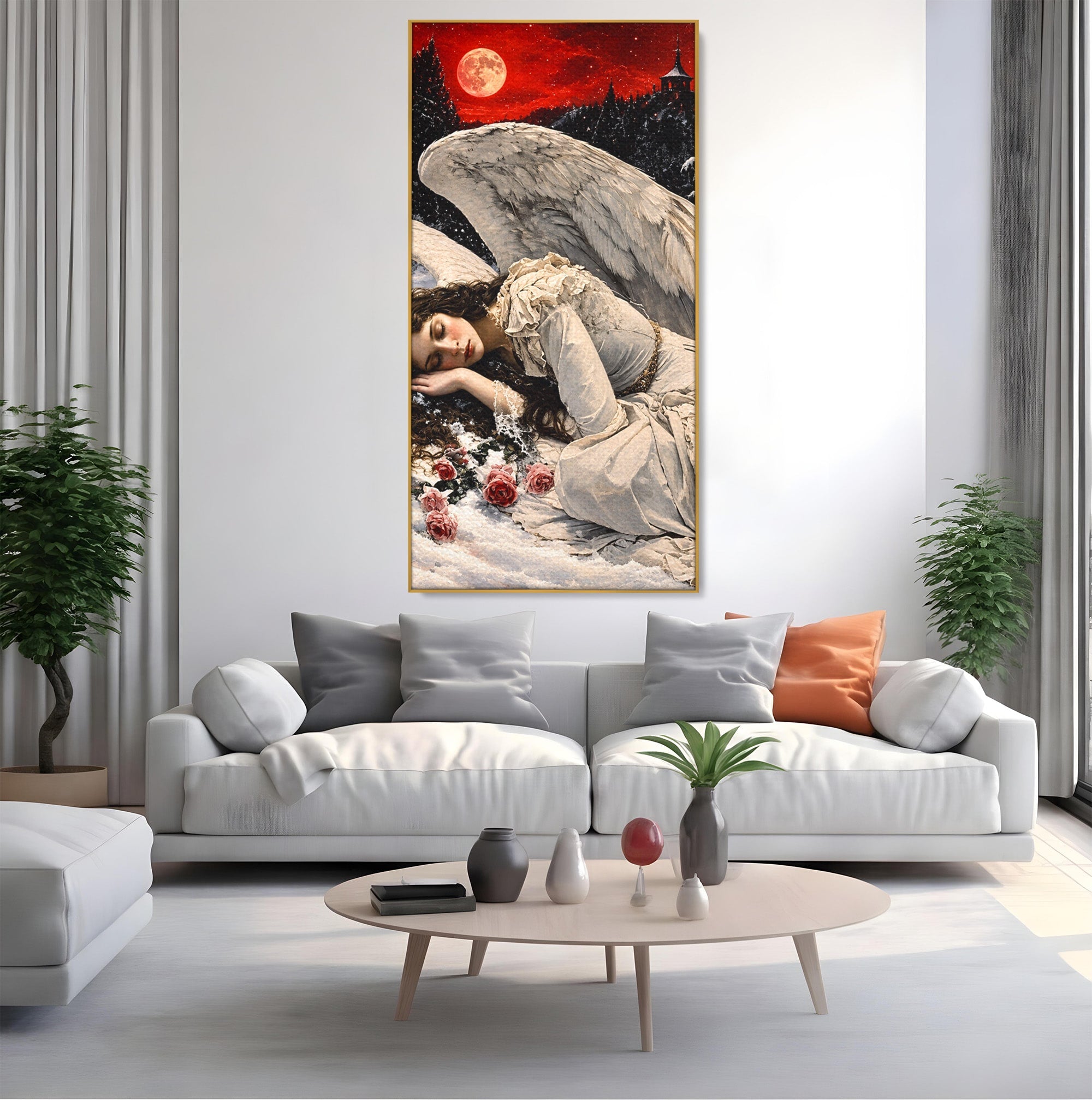 Tablou Canvas Premium LuxCanva® U1006, Ingerul Somnoros, Inger, Iarna, Visare, Noapte, Peisaj, Living, Dormitor, Culori Vibrante