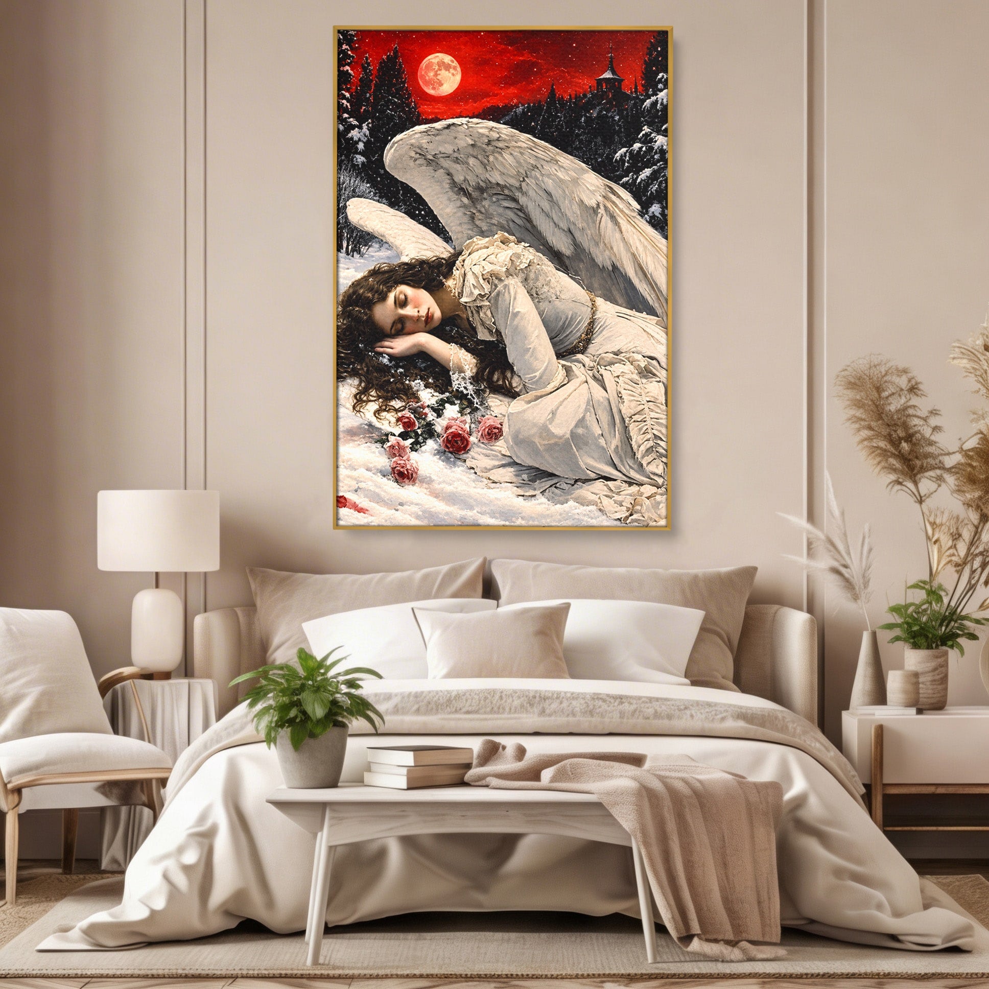 Tablou Canvas Premium LuxCanva® U1006, Ingerul Somnoros, Inger, Iarna, Visare, Noapte, Peisaj, Living, Dormitor, Culori Vibrante