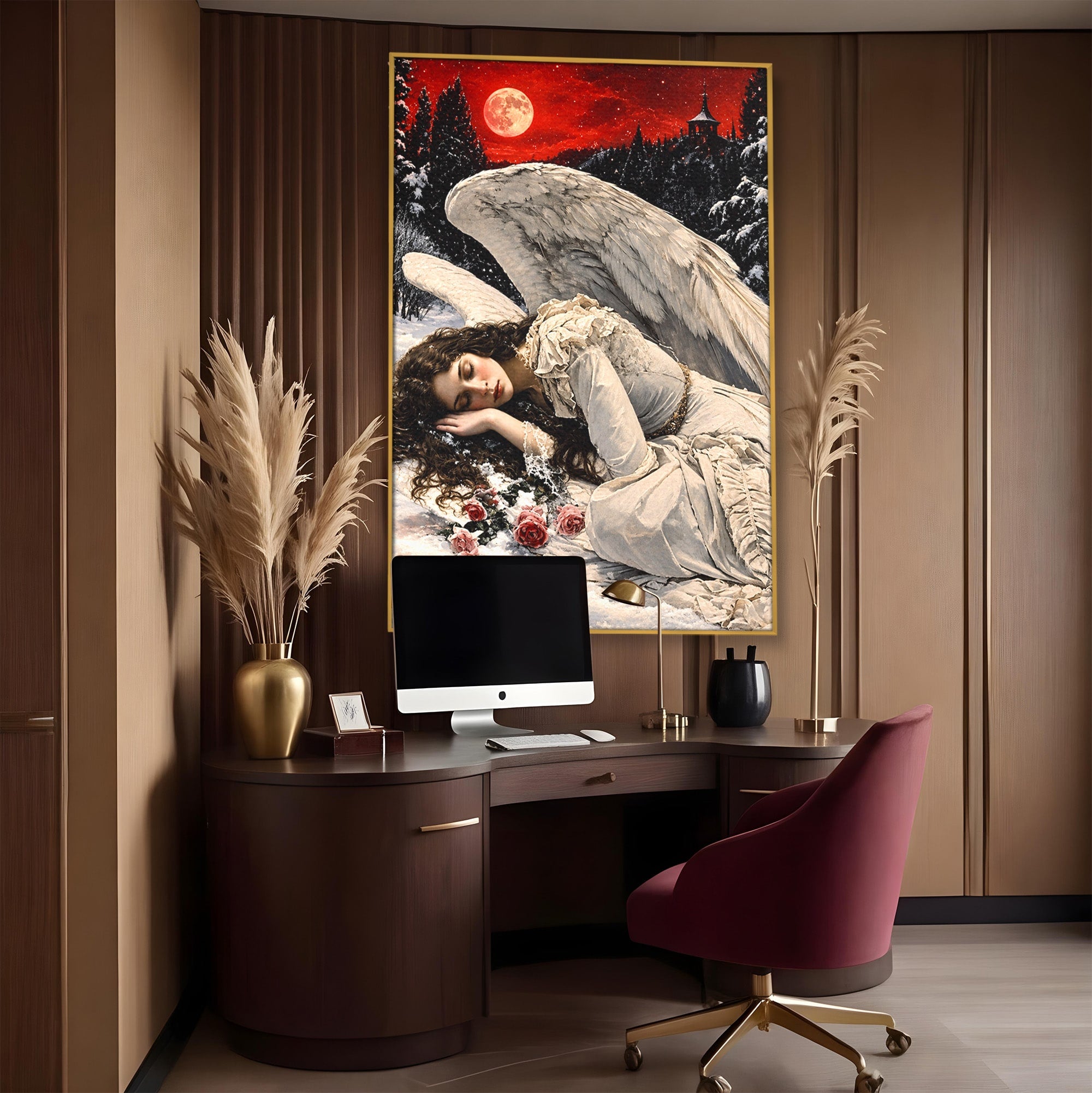 Tablou Canvas Premium LuxCanva® U1006, Ingerul Somnoros, Inger, Iarna, Visare, Noapte, Peisaj, Living, Dormitor, Culori Vibrante
