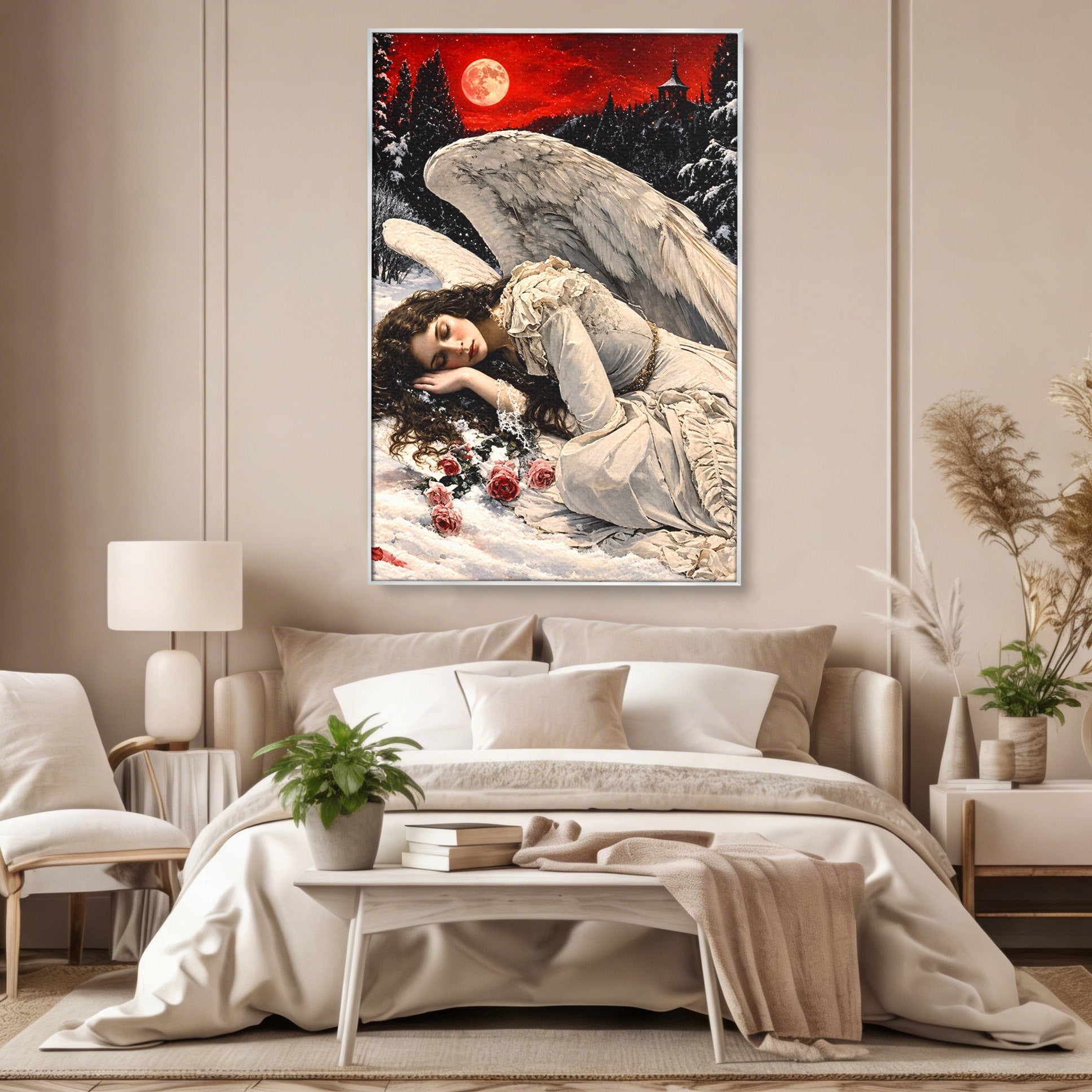 Tablou Canvas Premium LuxCanva® U1006, Ingerul Somnoros, Inger, Iarna, Visare, Noapte, Peisaj, Living, Dormitor, Culori Vibrante