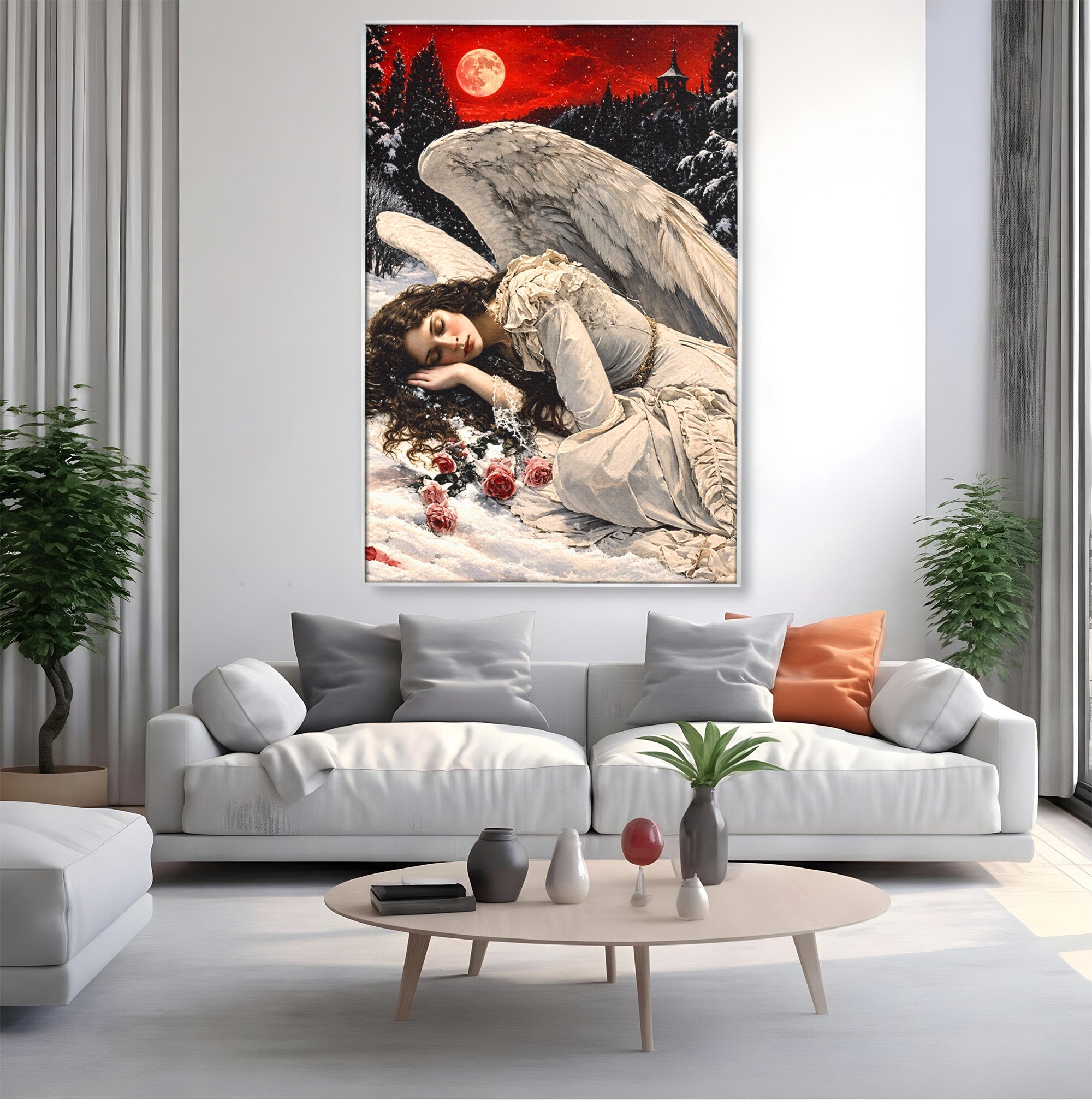 Tablou Canvas Premium LuxCanva® U1006, Ingerul Somnoros, Inger, Iarna, Visare, Noapte, Peisaj, Living, Dormitor, Culori Vibrante