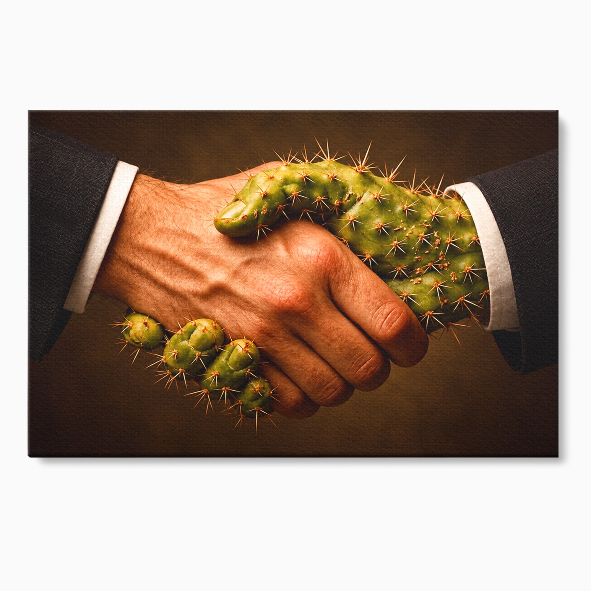 Tablou Canvas Premium LuxCanva® U1008, Strangere De Mana , Cactus, Conceptual, Business, Provocare, Birou, Culori Vibrante