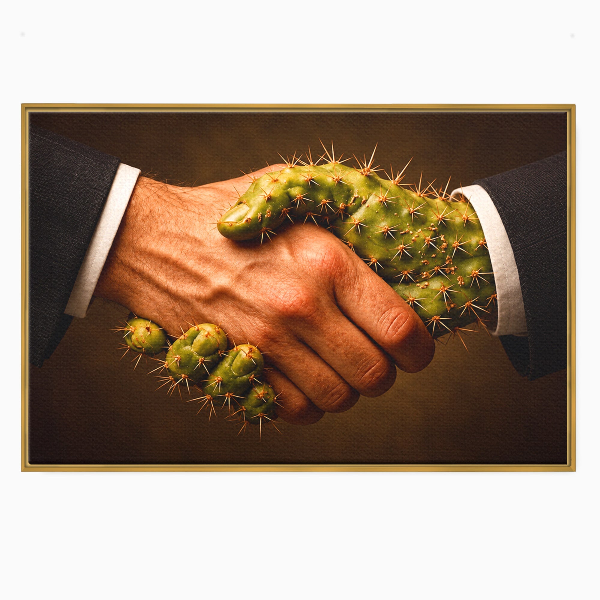 Tablou Canvas Premium LuxCanva® U1008, Strangere De Mana , Cactus, Conceptual, Business, Provocare, Birou, Culori Vibrante