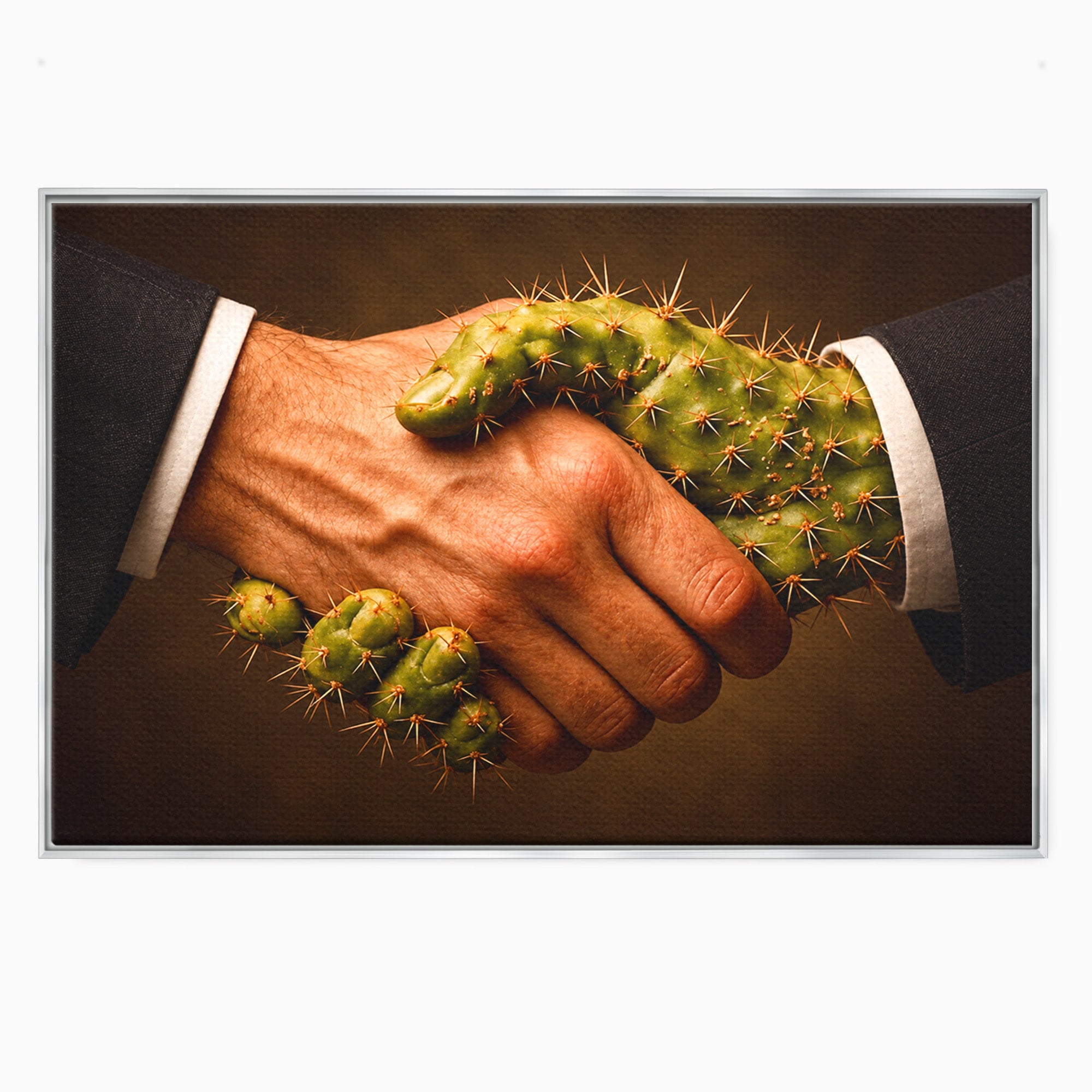 Tablou Canvas Premium LuxCanva® U1008, Strangere De Mana , Cactus, Conceptual, Business, Provocare, Birou, Culori Vibrante
