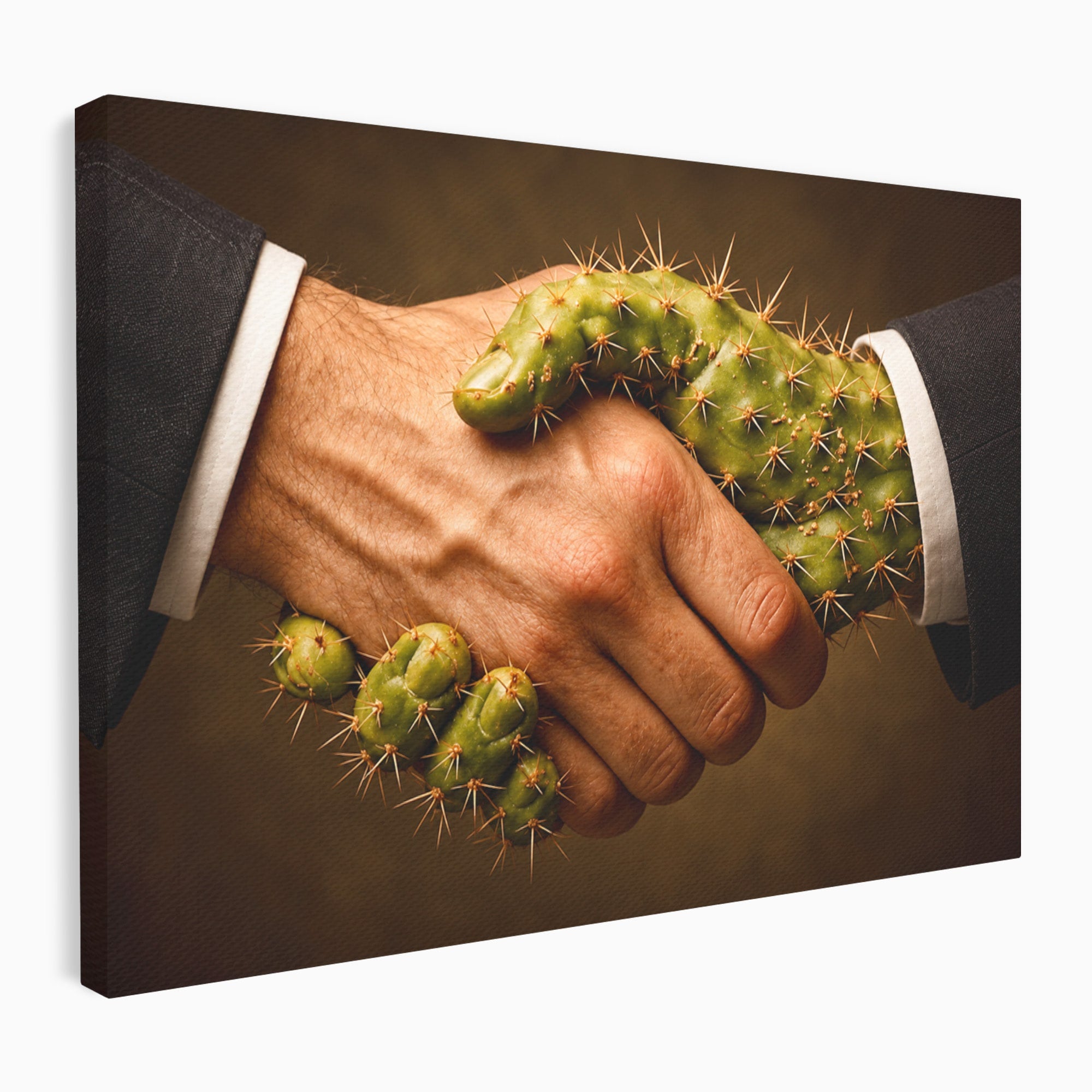 Tablou Canvas Premium LuxCanva® U1008, Strangere De Mana , Cactus, Conceptual, Business, Provocare, Birou, Culori Vibrante