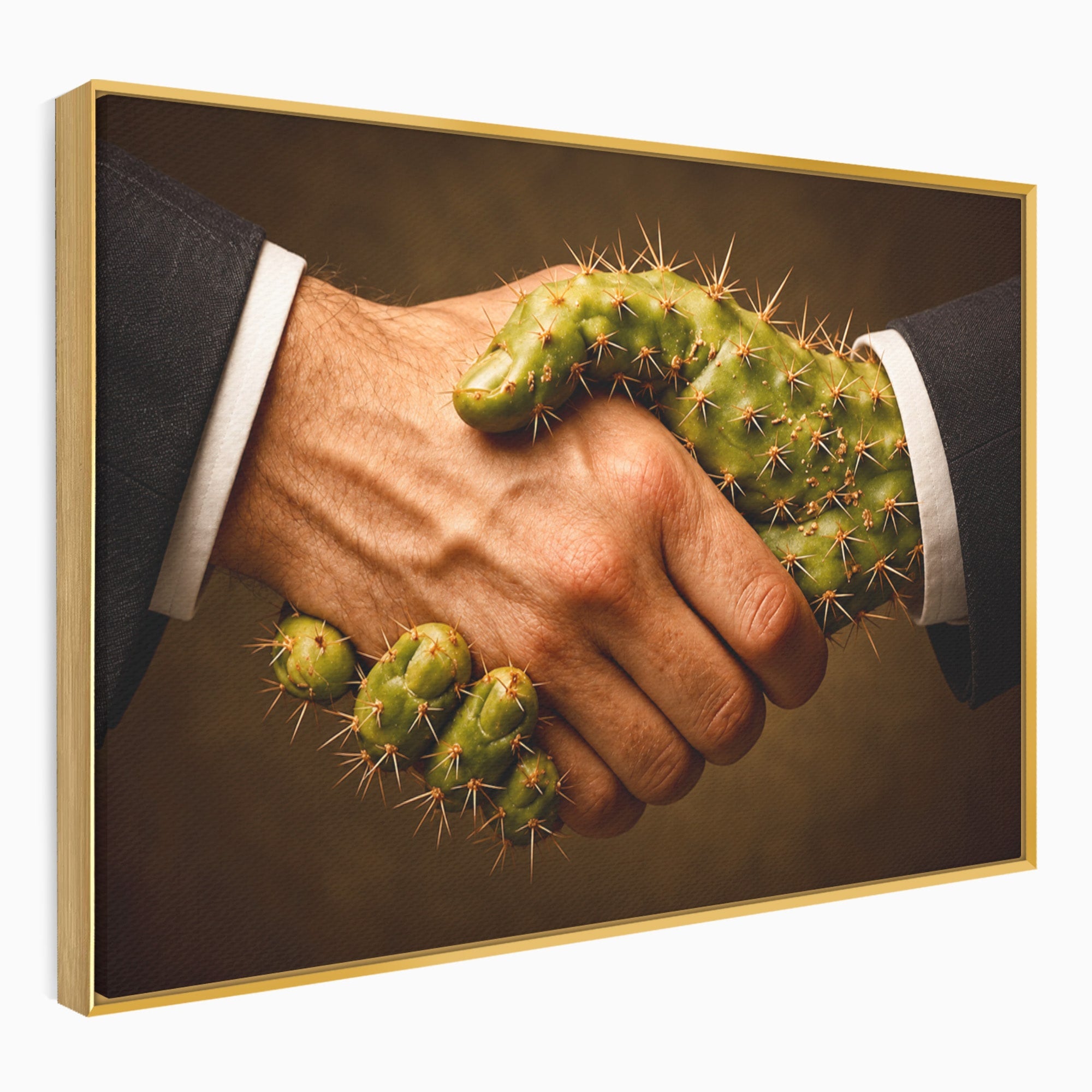 Tablou Canvas Premium LuxCanva® U1008, Strangere De Mana , Cactus, Conceptual, Business, Provocare, Birou, Culori Vibrante