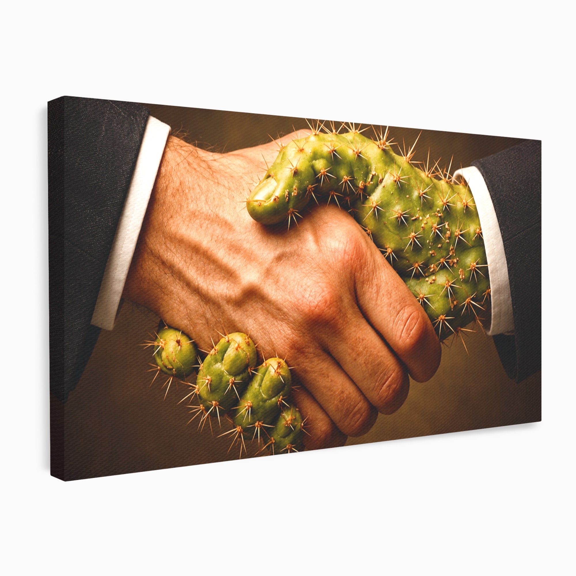 Tablou Canvas Premium LuxCanva® U1008, Strangere De Mana , Cactus, Conceptual, Business, Provocare, Birou, Culori Vibrante
