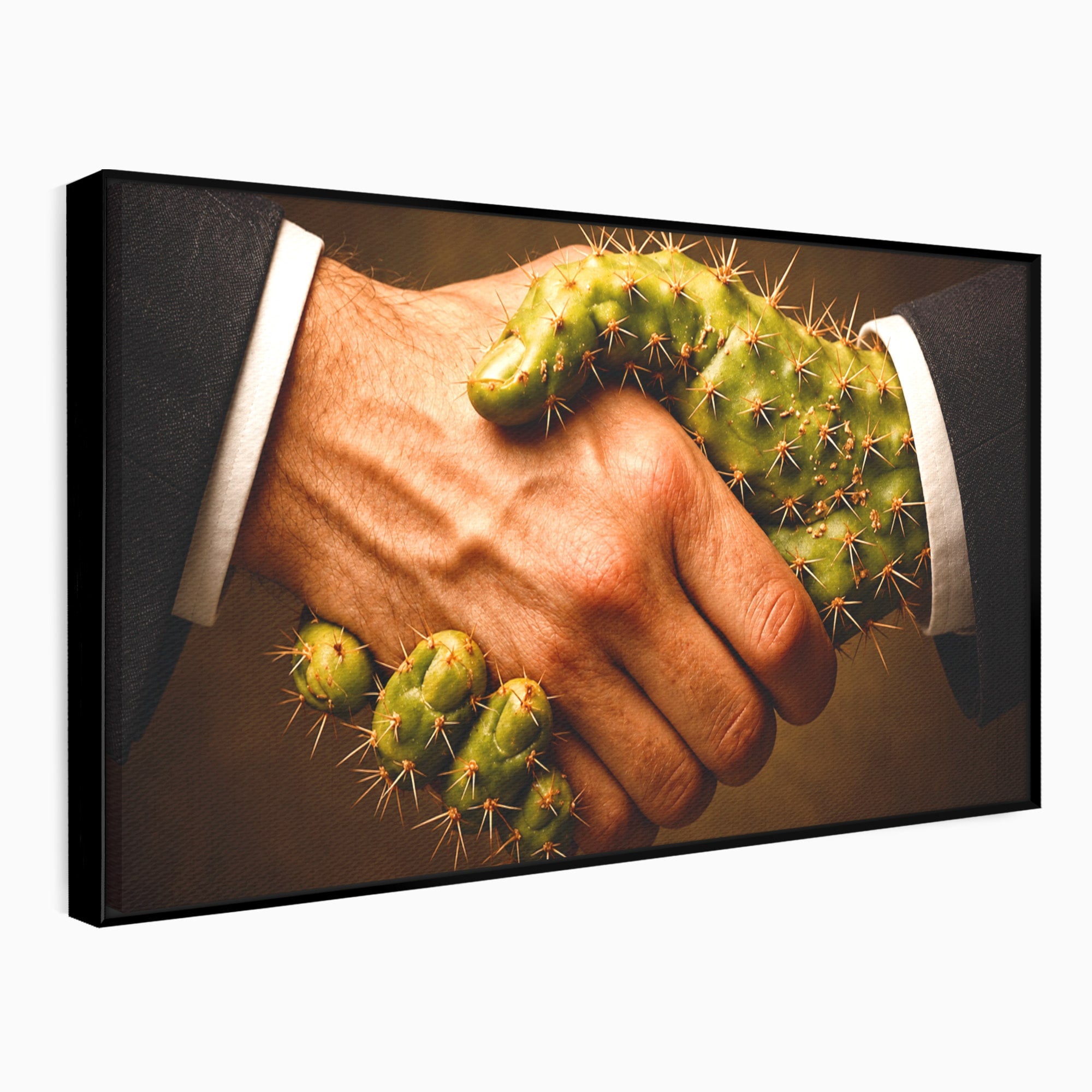 Tablou Canvas Premium LuxCanva® U1008, Strangere De Mana , Cactus, Conceptual, Business, Provocare, Birou, Culori Vibrante