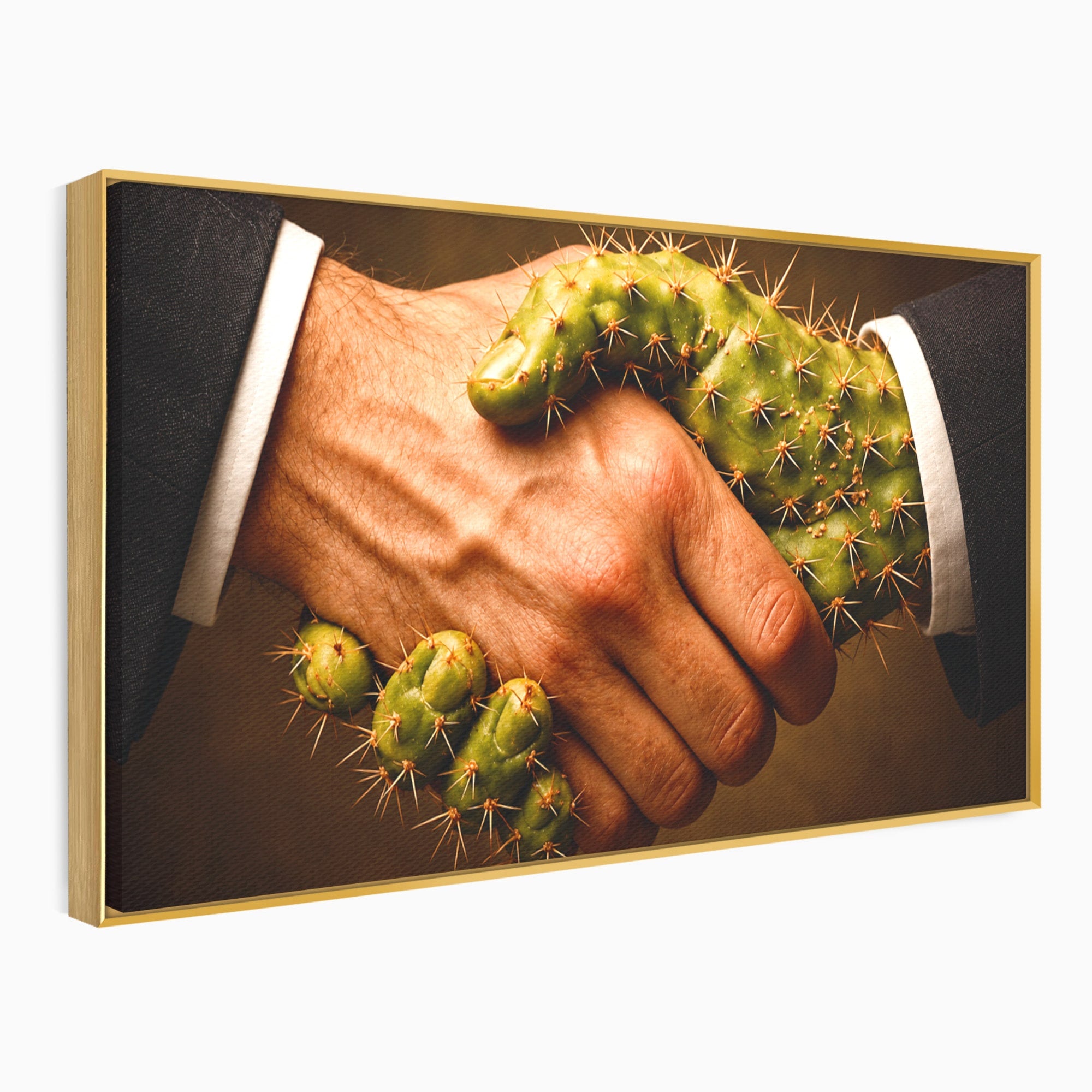 Tablou Canvas Premium LuxCanva® U1008, Strangere De Mana , Cactus, Conceptual, Business, Provocare, Birou, Culori Vibrante