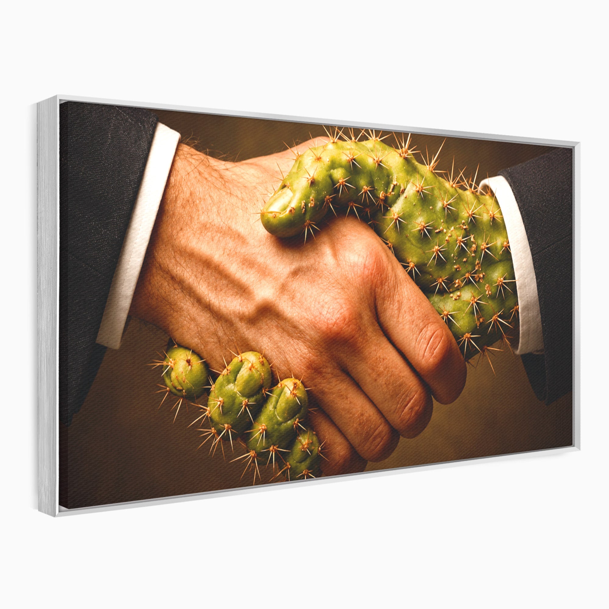 Tablou Canvas Premium LuxCanva® U1008, Strangere De Mana , Cactus, Conceptual, Business, Provocare, Birou, Culori Vibrante