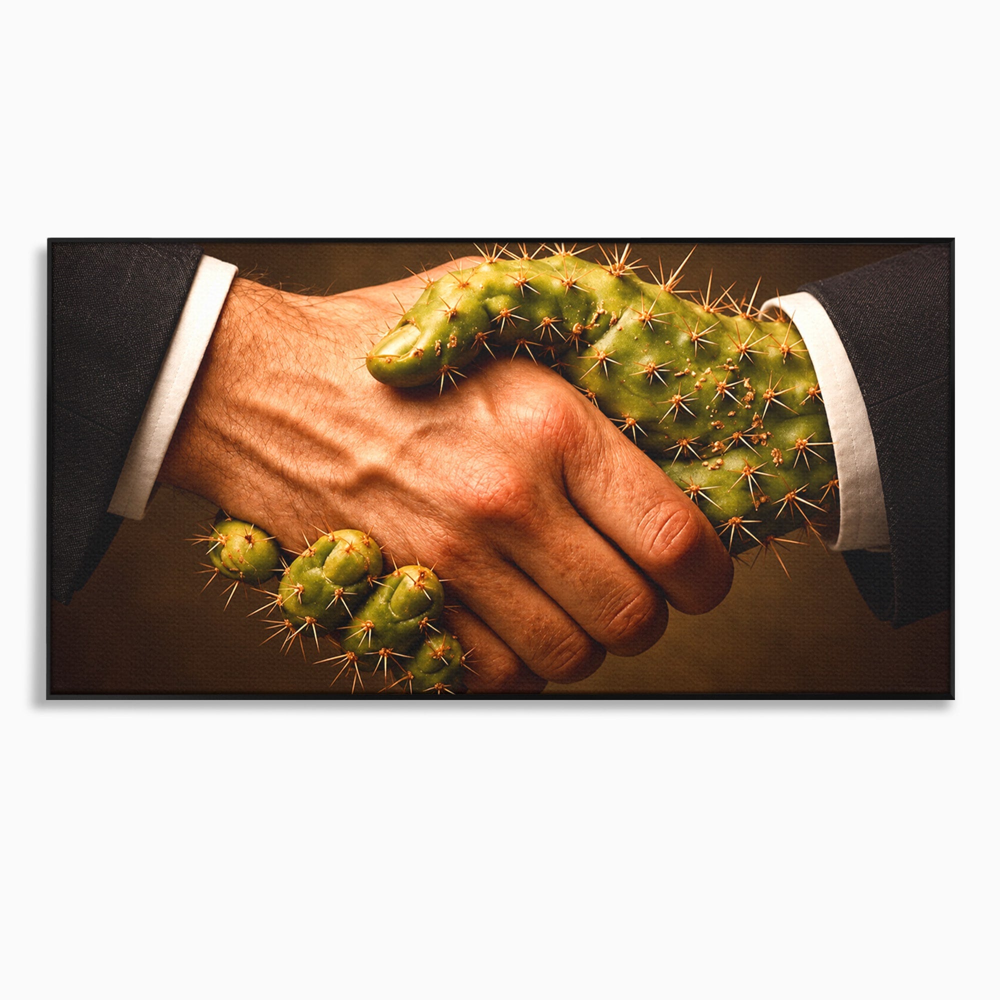 Tablou Canvas Premium LuxCanva® U1008, Strangere De Mana , Cactus, Conceptual, Business, Provocare, Birou, Culori Vibrante