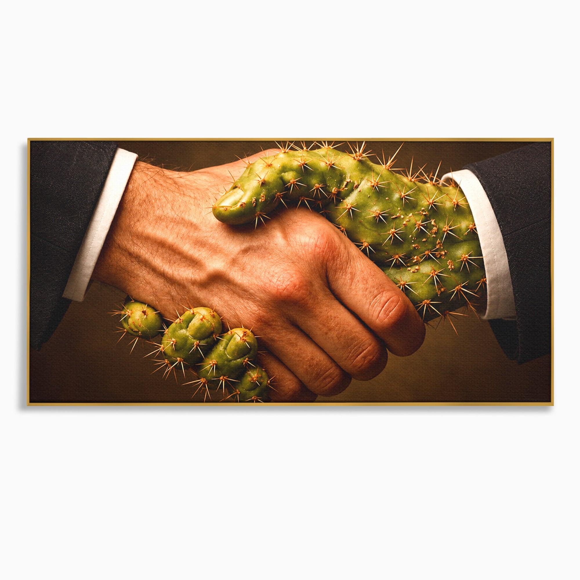 Tablou Canvas Premium LuxCanva® U1008, Strangere De Mana , Cactus, Conceptual, Business, Provocare, Birou, Culori Vibrante