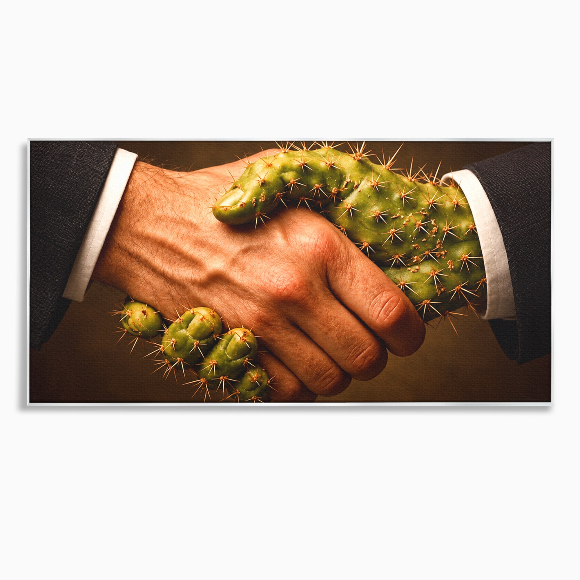 Tablou Canvas Premium LuxCanva® U1008, Strangere De Mana , Cactus, Conceptual, Business, Provocare, Birou, Culori Vibrante