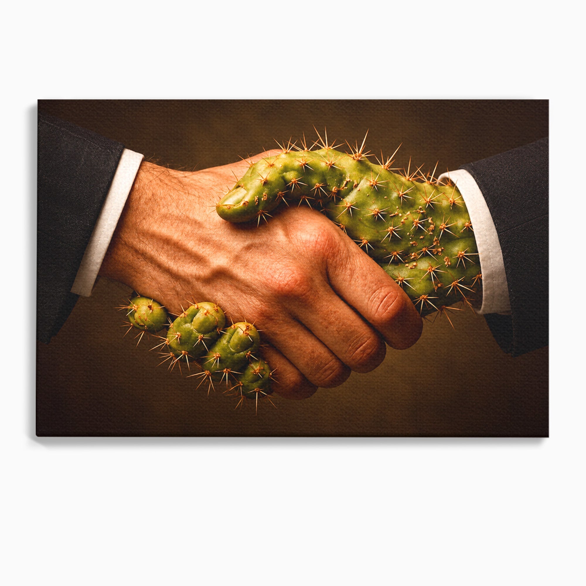 Tablou Canvas Premium LuxCanva® U1008, Strangere De Mana , Cactus, Conceptual, Business, Provocare, Birou, Culori Vibrante