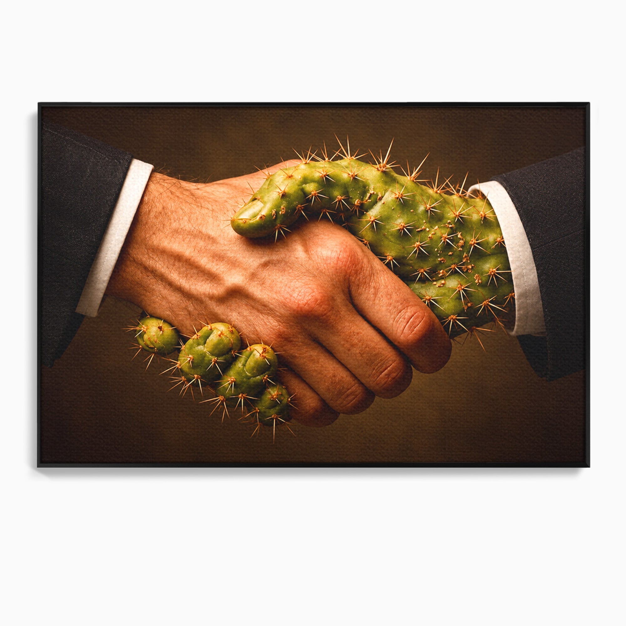 Tablou Canvas Premium LuxCanva® U1008, Strangere De Mana , Cactus, Conceptual, Business, Provocare, Birou, Culori Vibrante