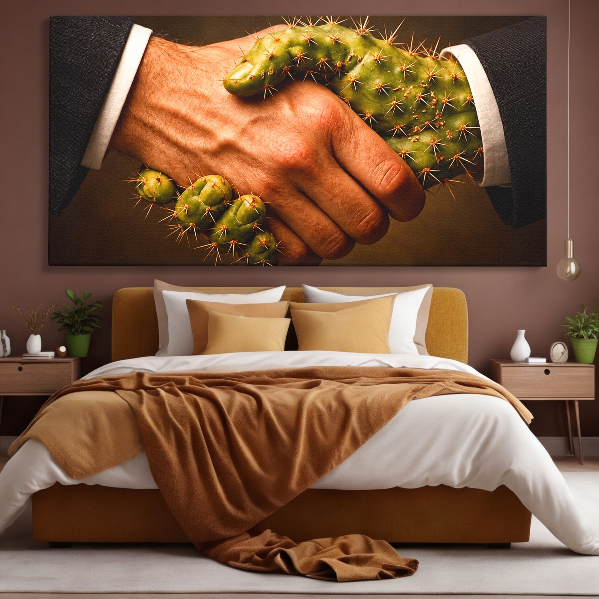 Tablou Canvas Premium LuxCanva® U1008, Strangere De Mana , Cactus, Conceptual, Business, Provocare, Birou, Culori Vibrante
