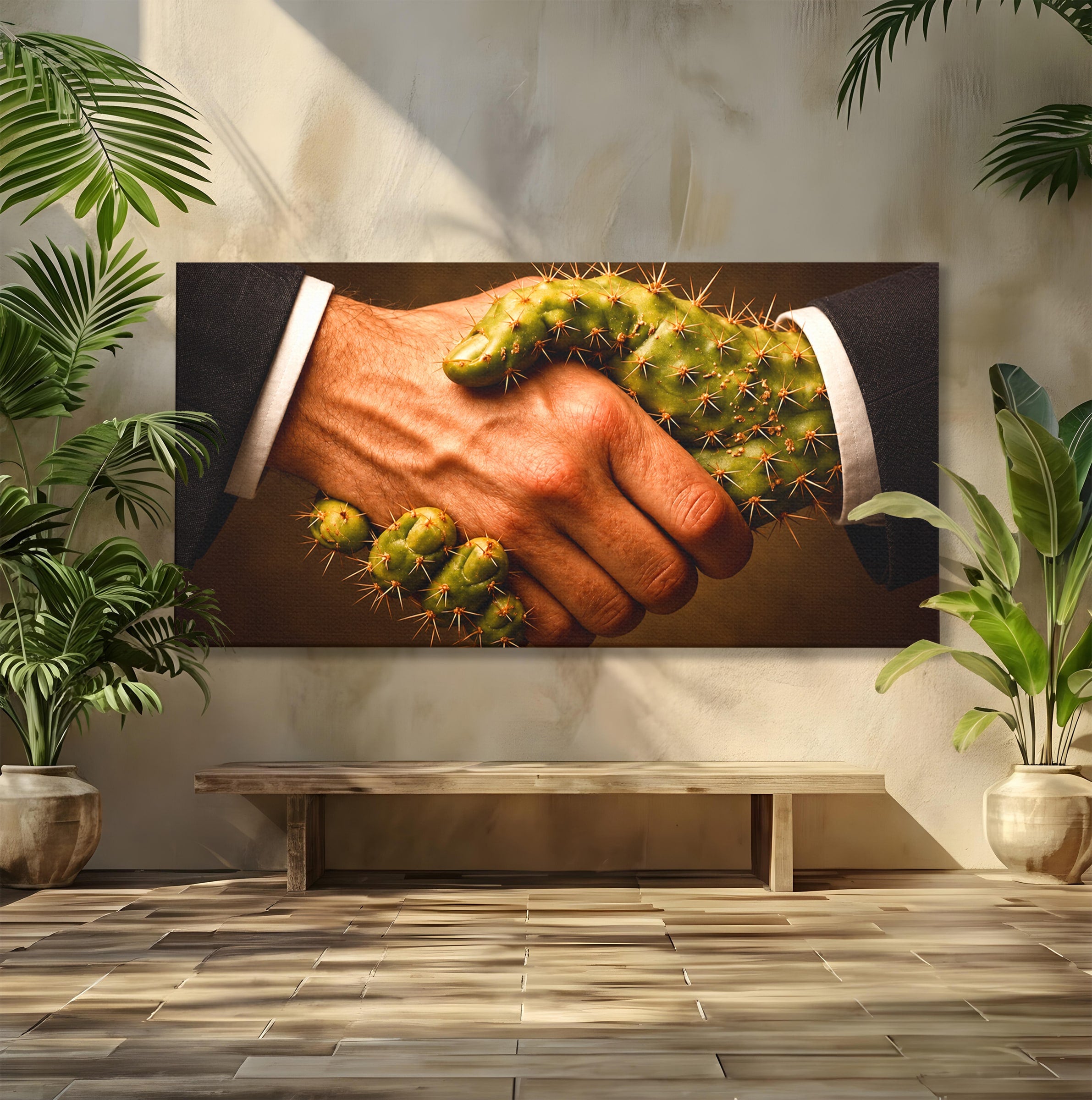 Tablou Canvas Premium LuxCanva® U1008, Strangere De Mana , Cactus, Conceptual, Business, Provocare, Birou, Culori Vibrante