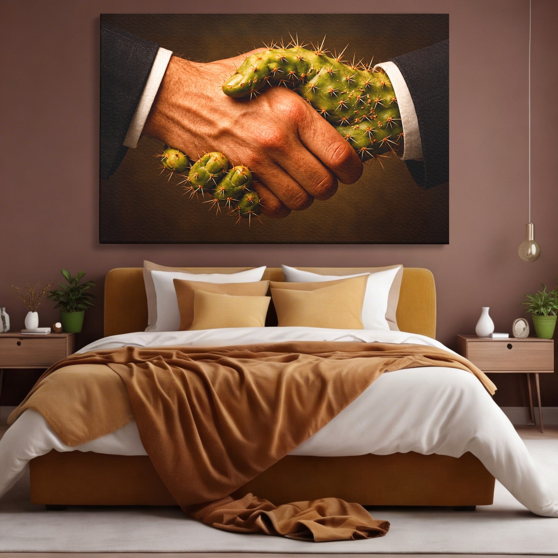 Tablou Canvas Premium LuxCanva® U1008, Strangere De Mana , Cactus, Conceptual, Business, Provocare, Birou, Culori Vibrante