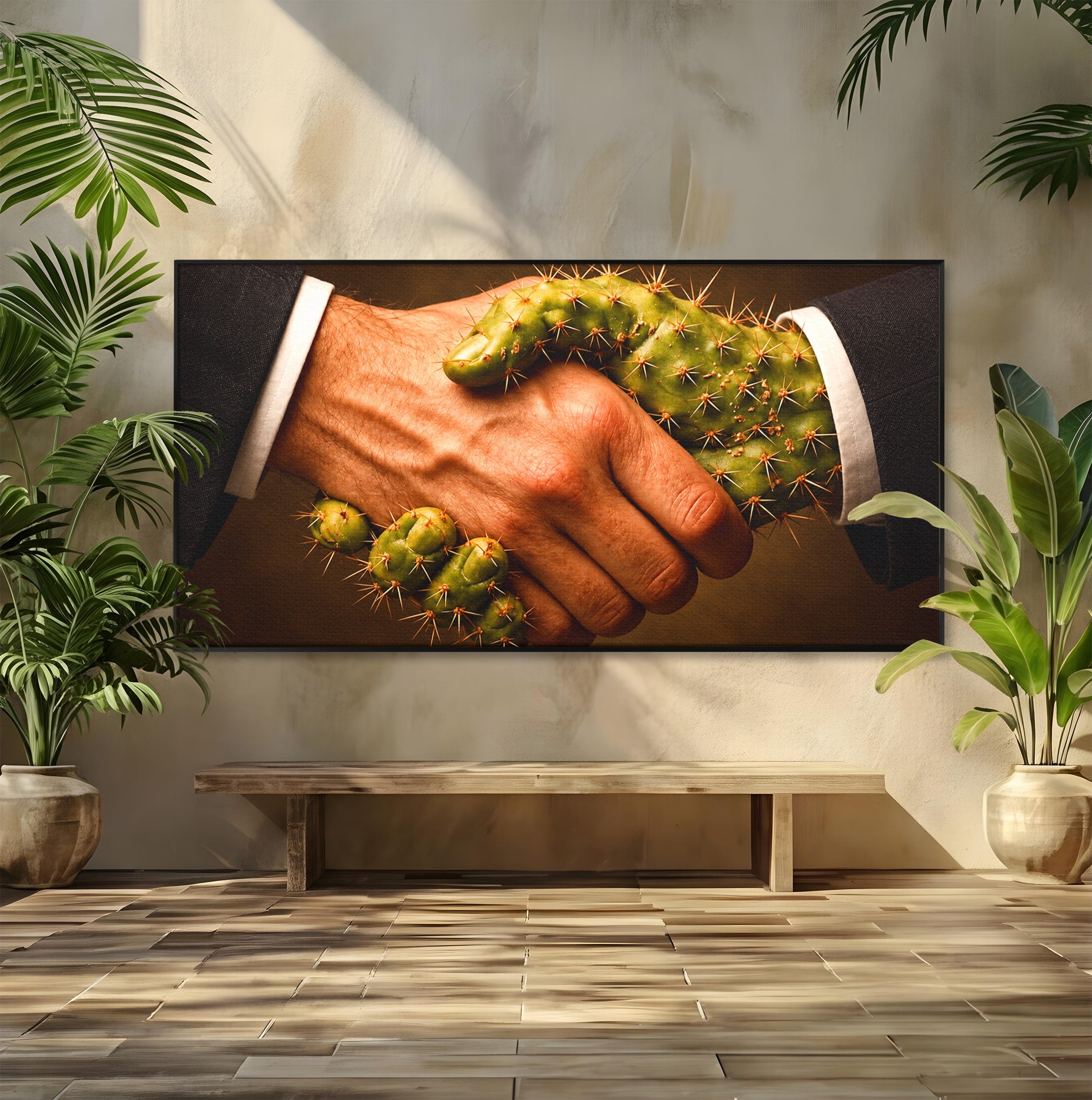 Tablou Canvas Premium LuxCanva® U1008, Strangere De Mana , Cactus, Conceptual, Business, Provocare, Birou, Culori Vibrante