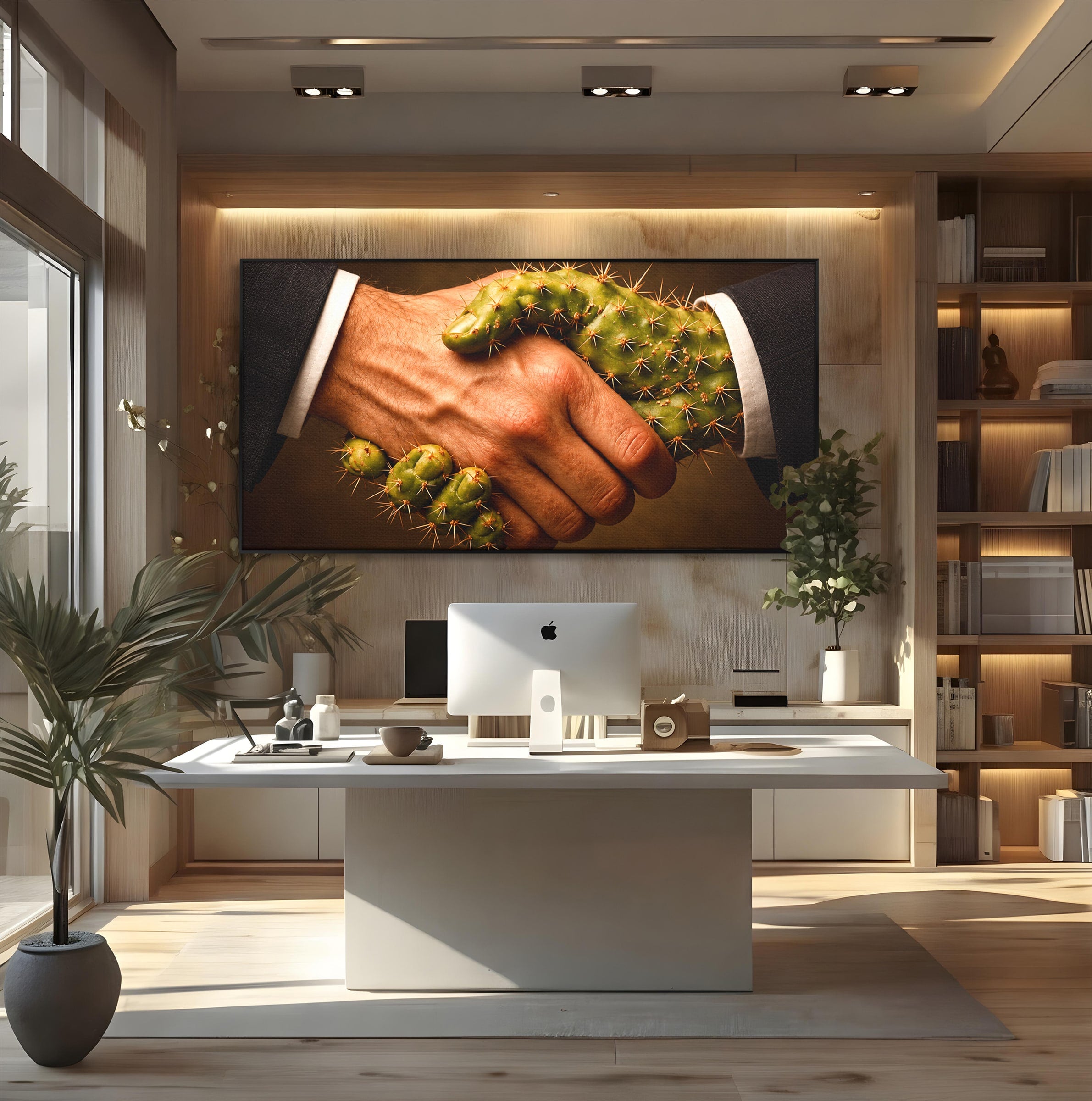 Tablou Canvas Premium LuxCanva® U1008, Strangere De Mana , Cactus, Conceptual, Business, Provocare, Birou, Culori Vibrante
