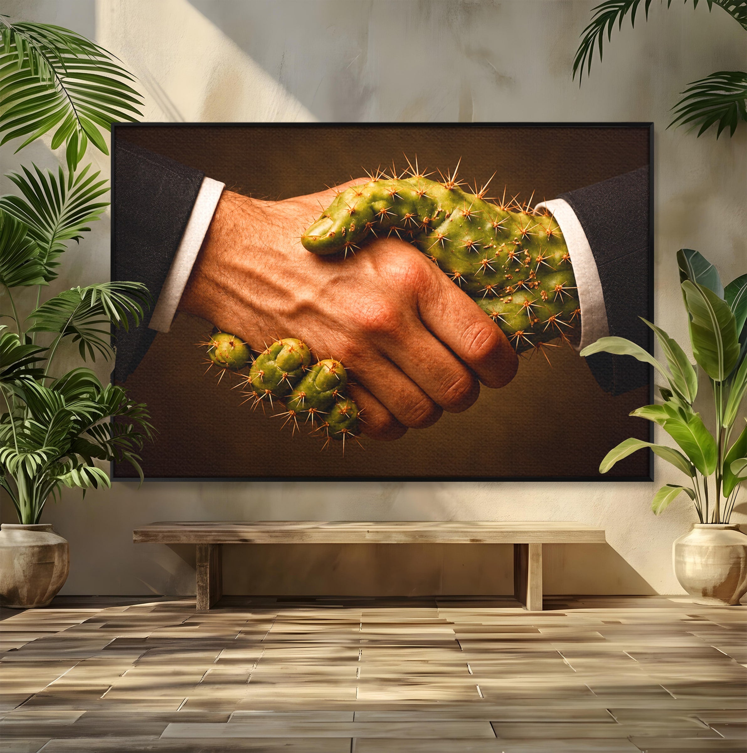 Tablou Canvas Premium LuxCanva® U1008, Strangere De Mana , Cactus, Conceptual, Business, Provocare, Birou, Culori Vibrante