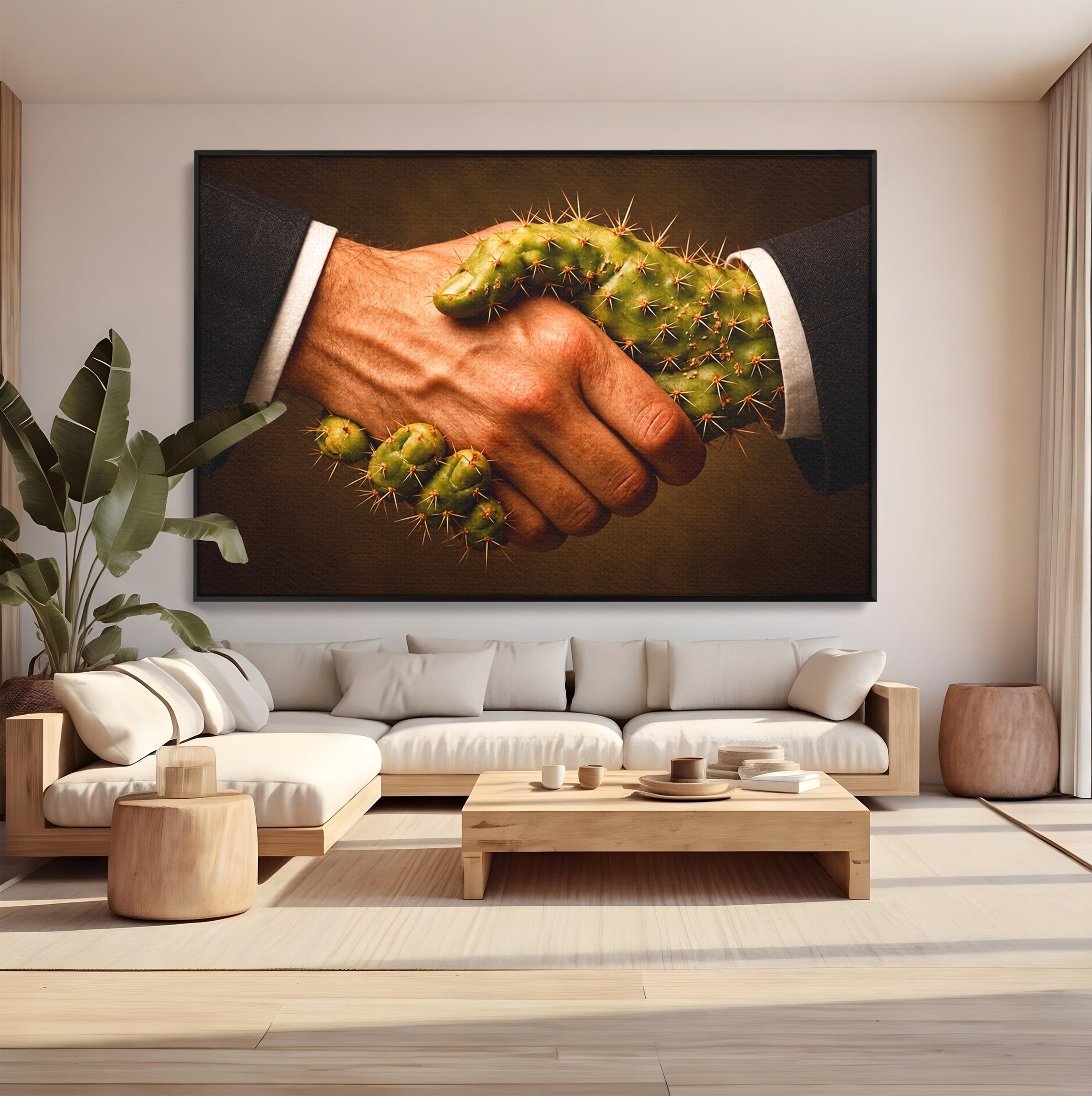 Tablou Canvas Premium LuxCanva® U1008, Strangere De Mana , Cactus, Conceptual, Business, Provocare, Birou, Culori Vibrante