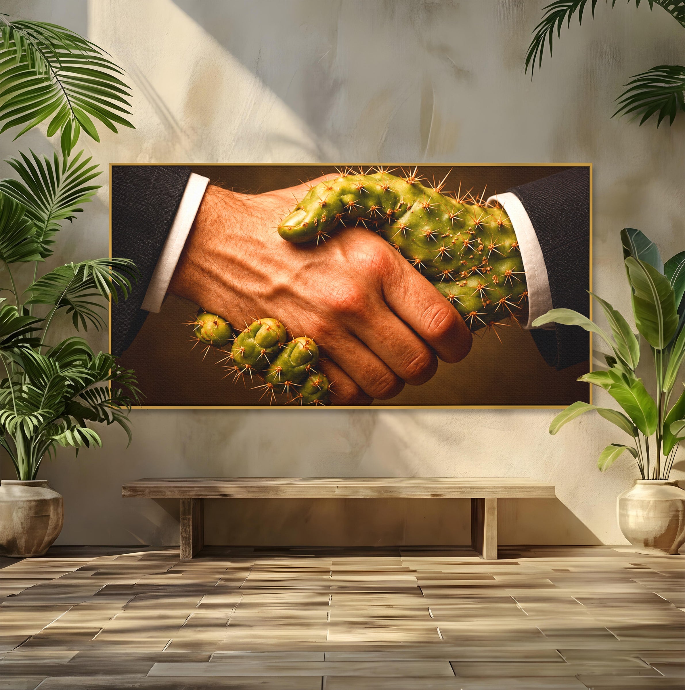 Tablou Canvas Premium LuxCanva® U1008, Strangere De Mana , Cactus, Conceptual, Business, Provocare, Birou, Culori Vibrante