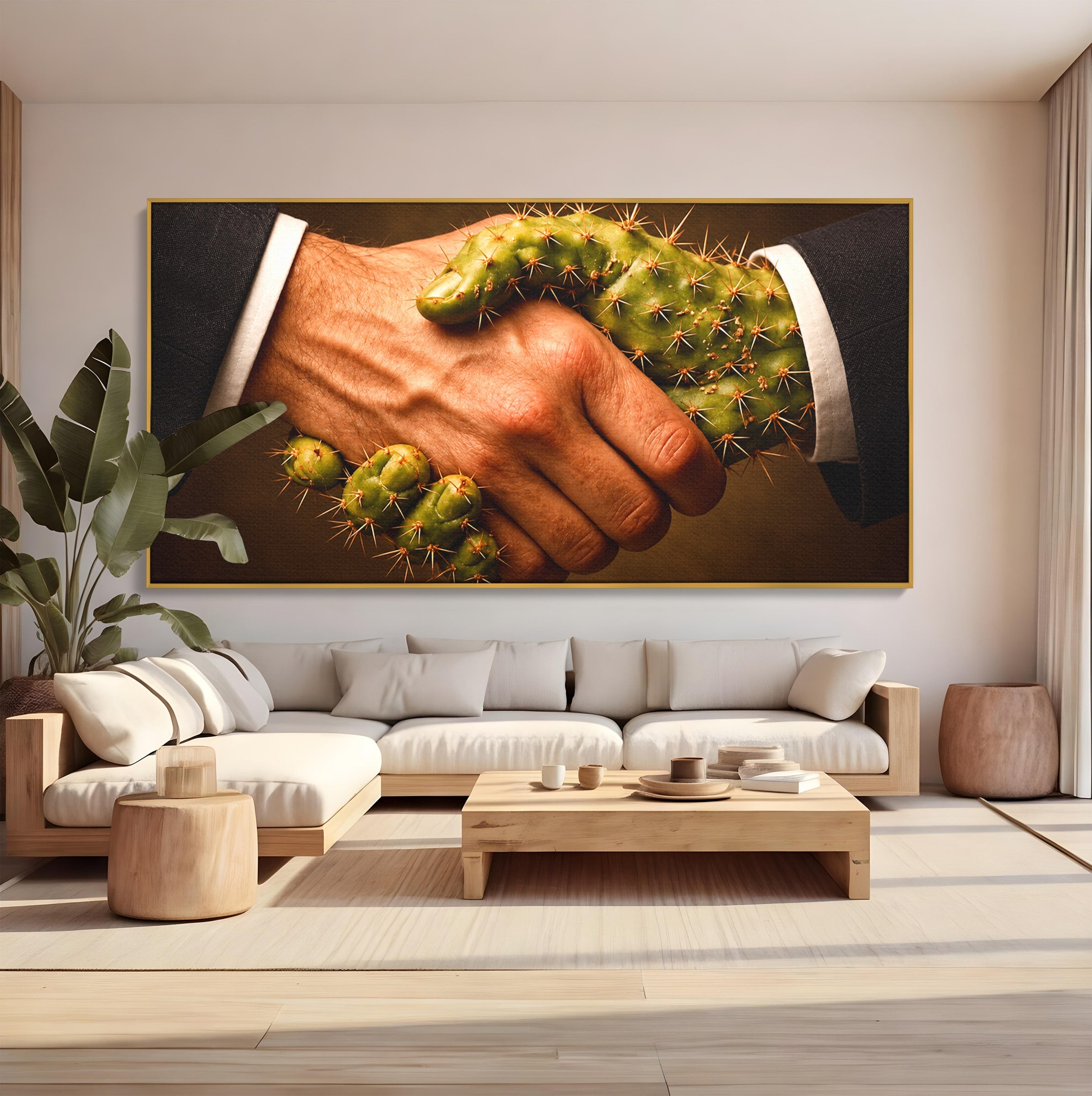 Tablou Canvas Premium LuxCanva® U1008, Strangere De Mana , Cactus, Conceptual, Business, Provocare, Birou, Culori Vibrante