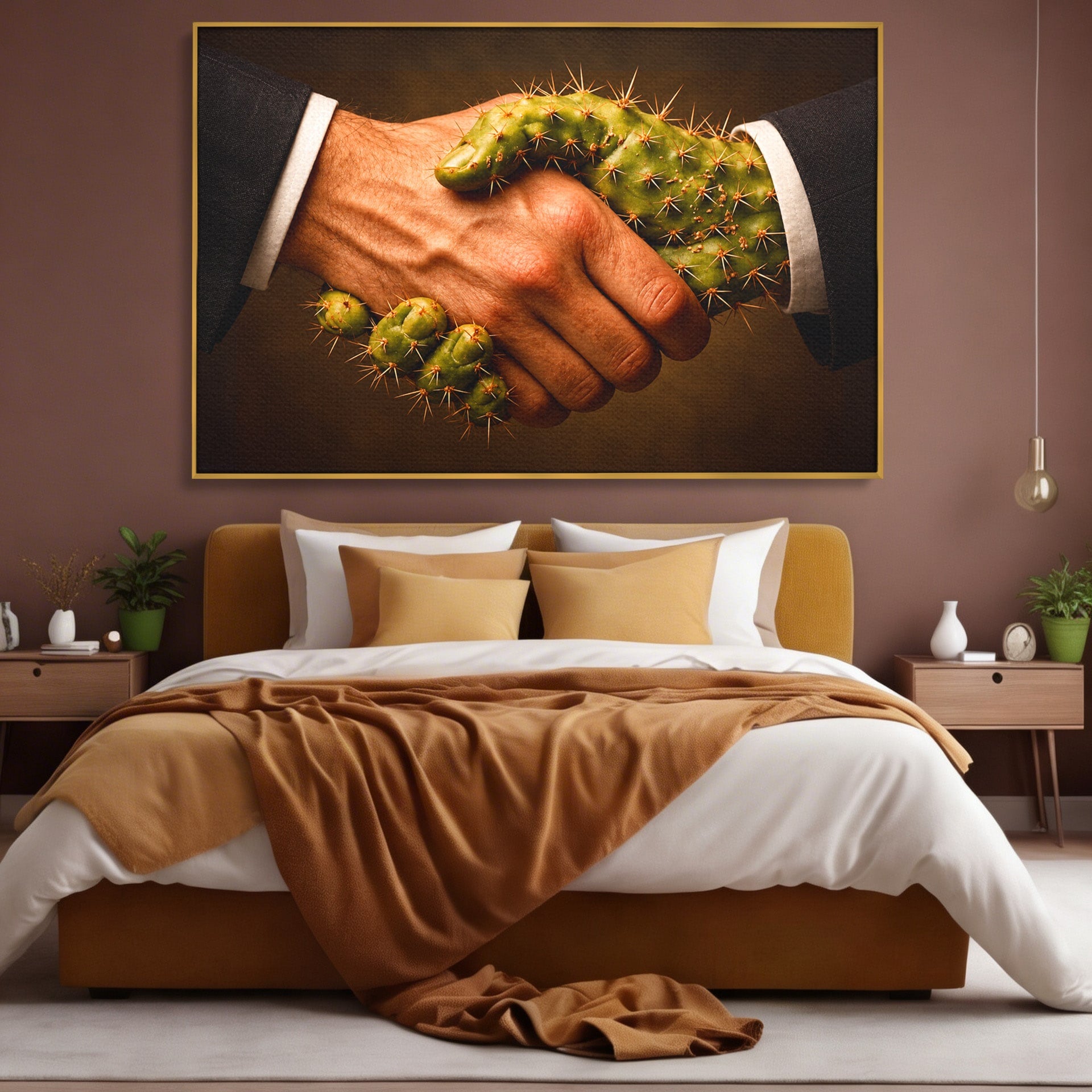 Tablou Canvas Premium LuxCanva® U1008, Strangere De Mana , Cactus, Conceptual, Business, Provocare, Birou, Culori Vibrante