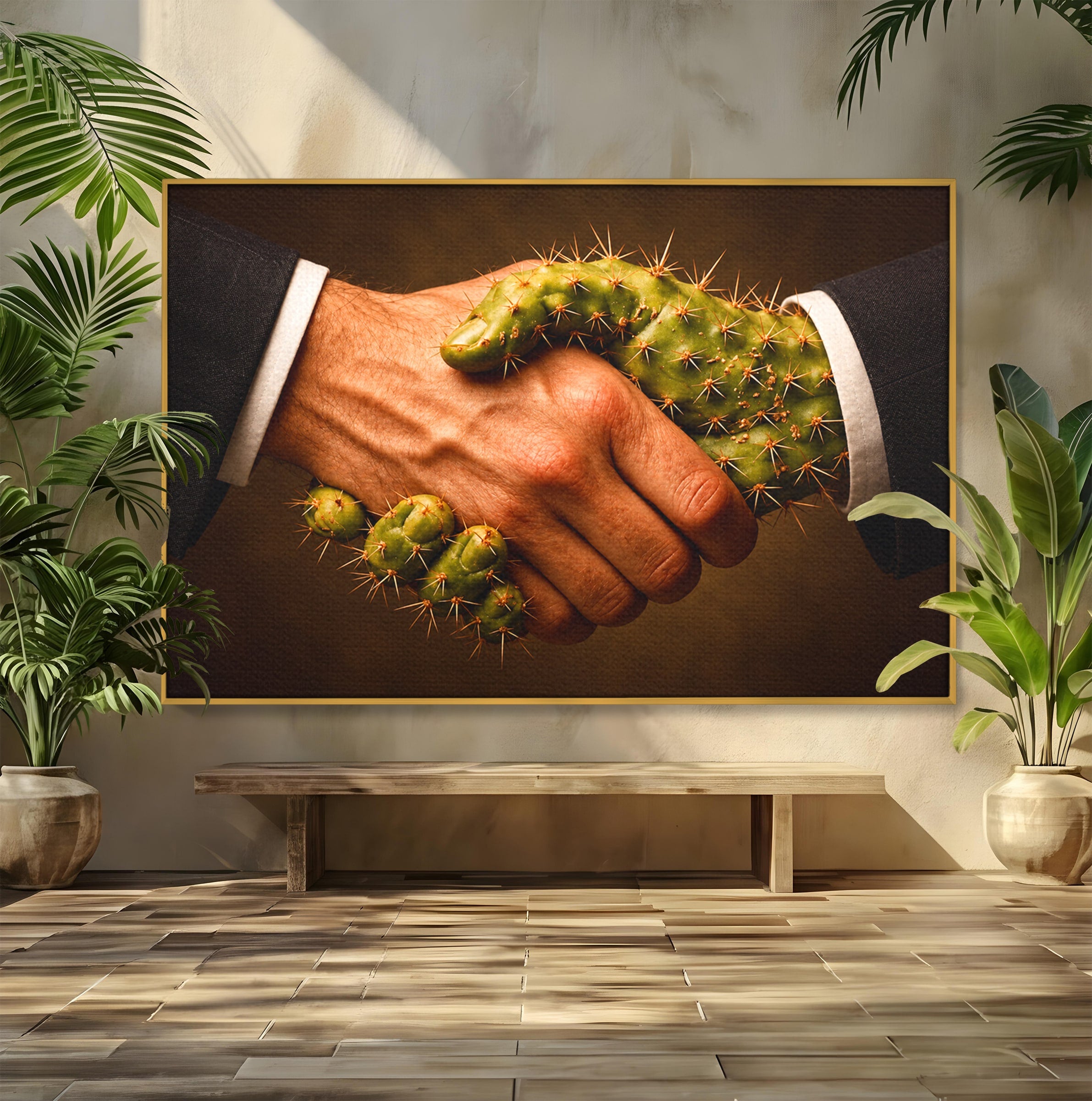 Tablou Canvas Premium LuxCanva® U1008, Strangere De Mana , Cactus, Conceptual, Business, Provocare, Birou, Culori Vibrante