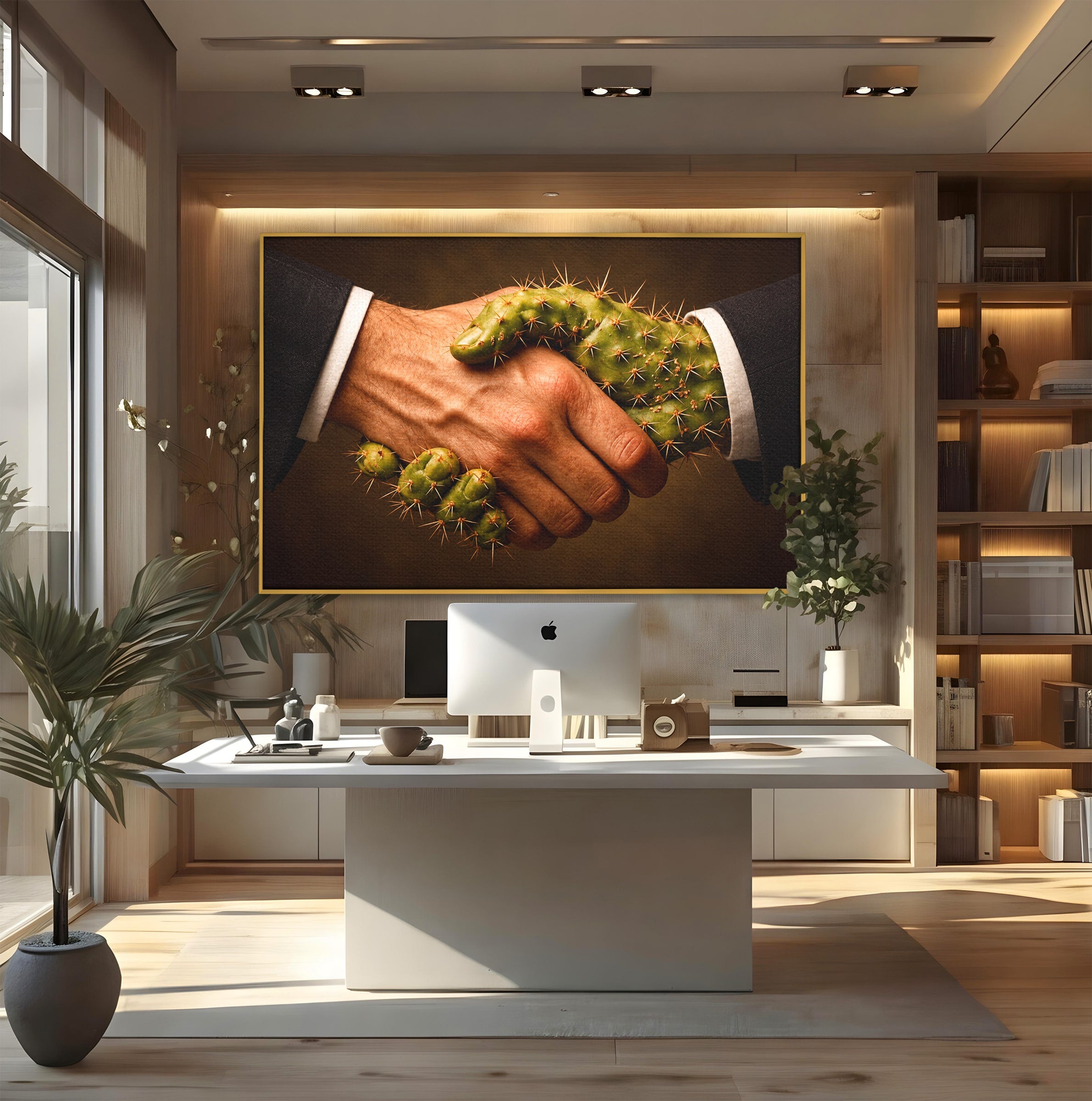 Tablou Canvas Premium LuxCanva® U1008, Strangere De Mana , Cactus, Conceptual, Business, Provocare, Birou, Culori Vibrante