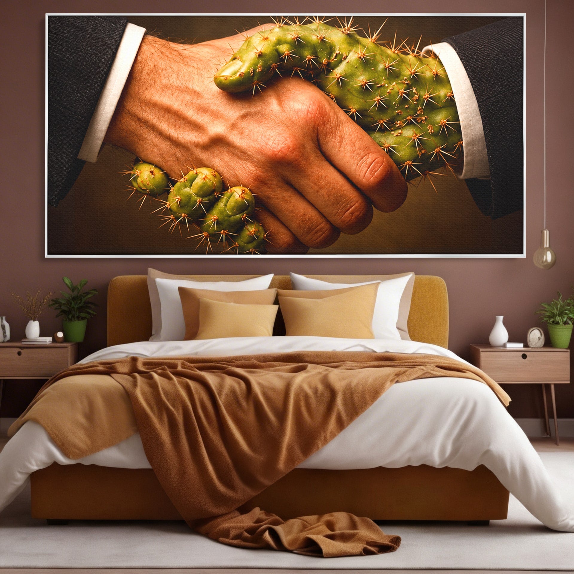 Tablou Canvas Premium LuxCanva® U1008, Strangere De Mana , Cactus, Conceptual, Business, Provocare, Birou, Culori Vibrante