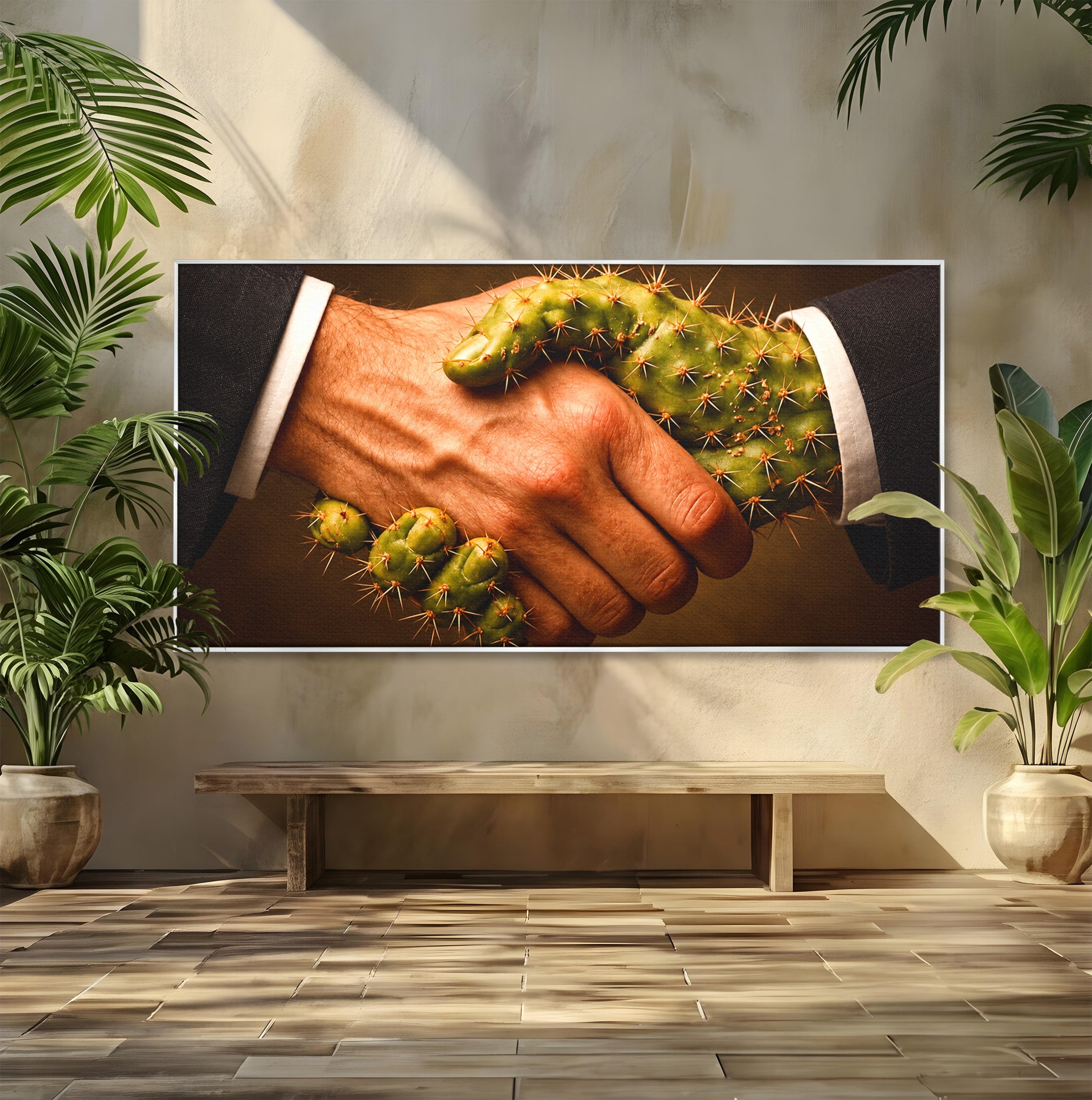 Tablou Canvas Premium LuxCanva® U1008, Strangere De Mana , Cactus, Conceptual, Business, Provocare, Birou, Culori Vibrante