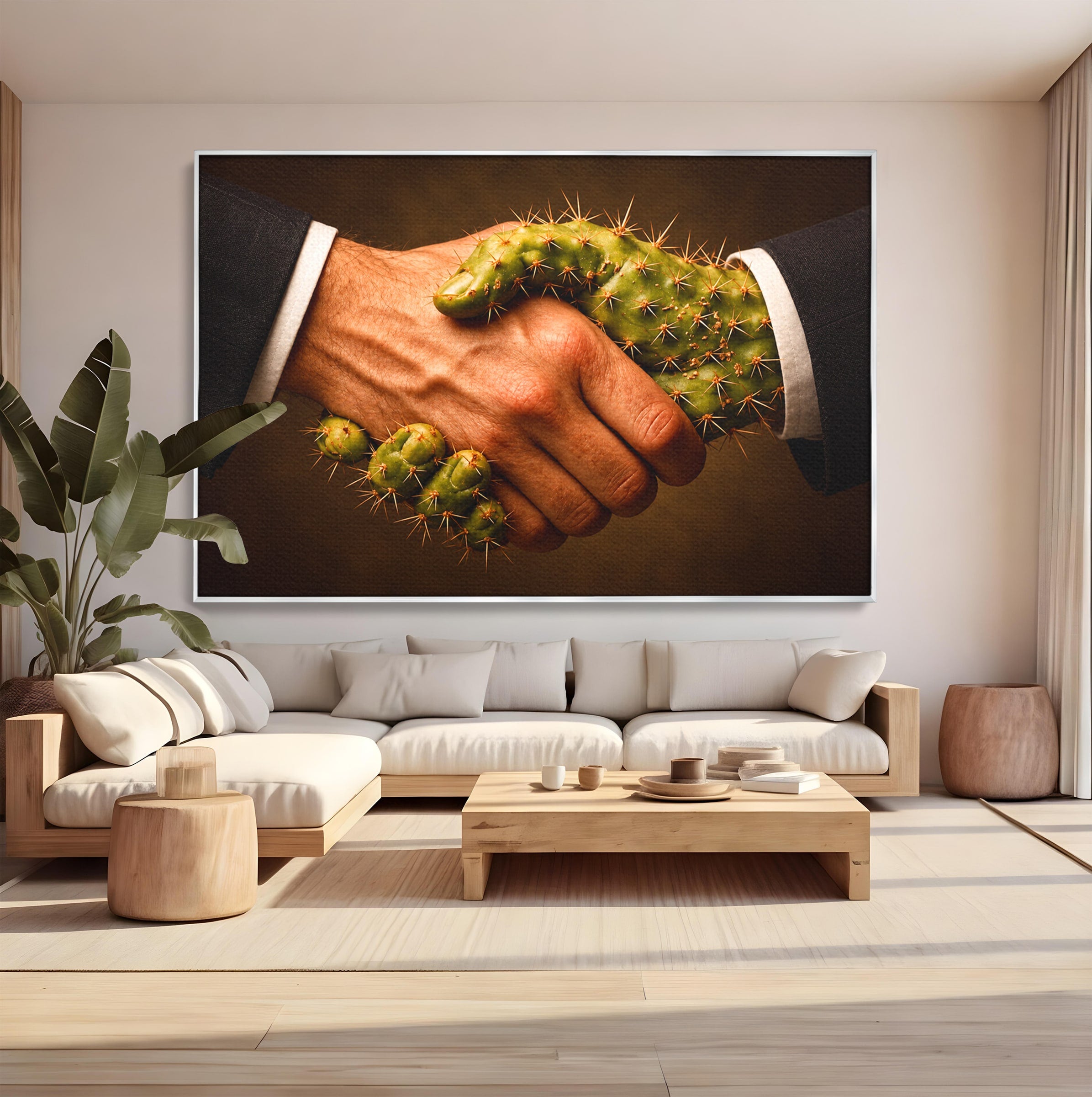 Tablou Canvas Premium LuxCanva® U1008, Strangere De Mana , Cactus, Conceptual, Business, Provocare, Birou, Culori Vibrante