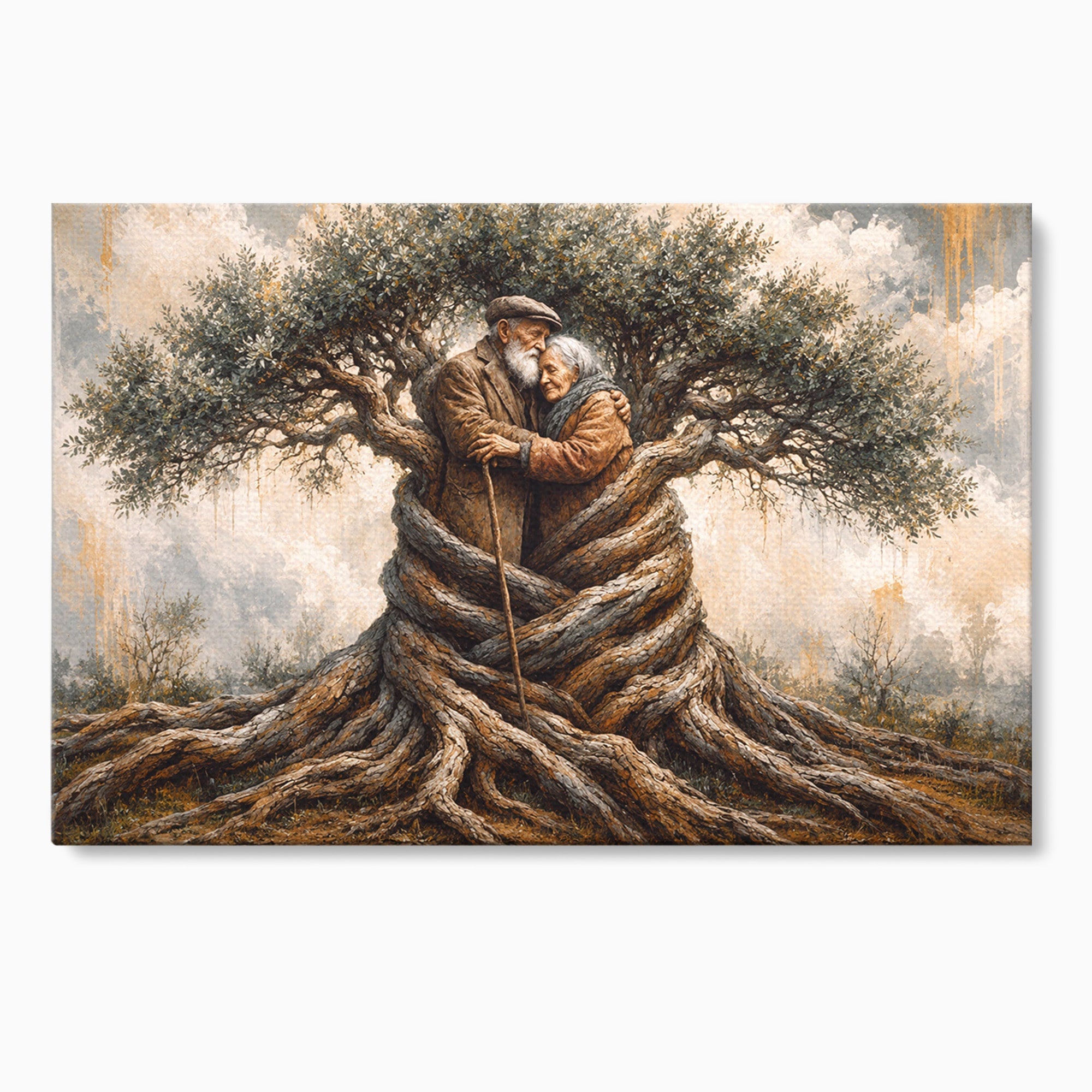 Tablou Canvas Premium LuxCanva® U1010, Imbratisarea Timpului, Batrani, Copac, Iubire, Timp, Natura, Living, Culori Vibrante