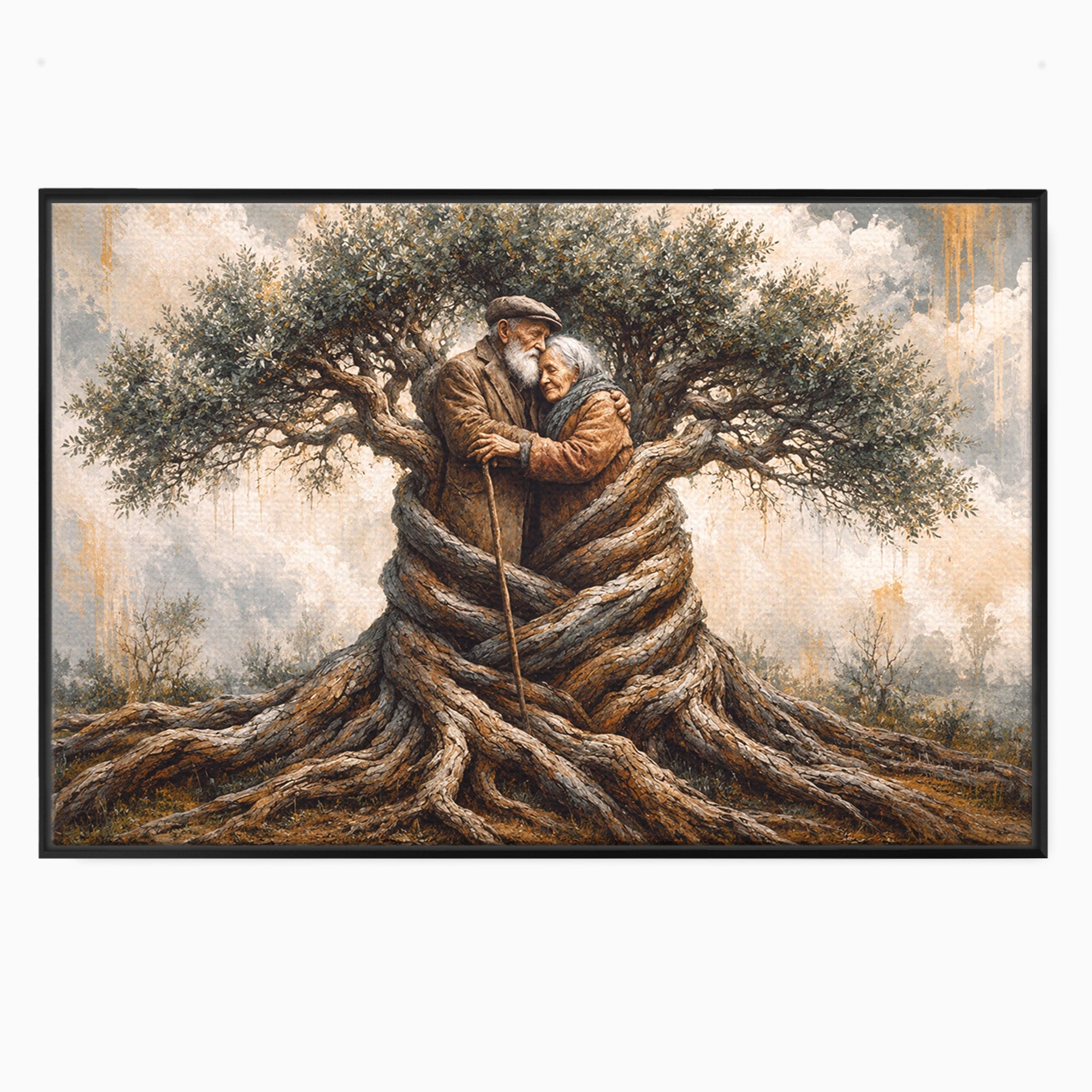 Tablou Canvas Premium LuxCanva® U1010, Imbratisarea Timpului, Batrani, Copac, Iubire, Timp, Natura, Living, Culori Vibrante