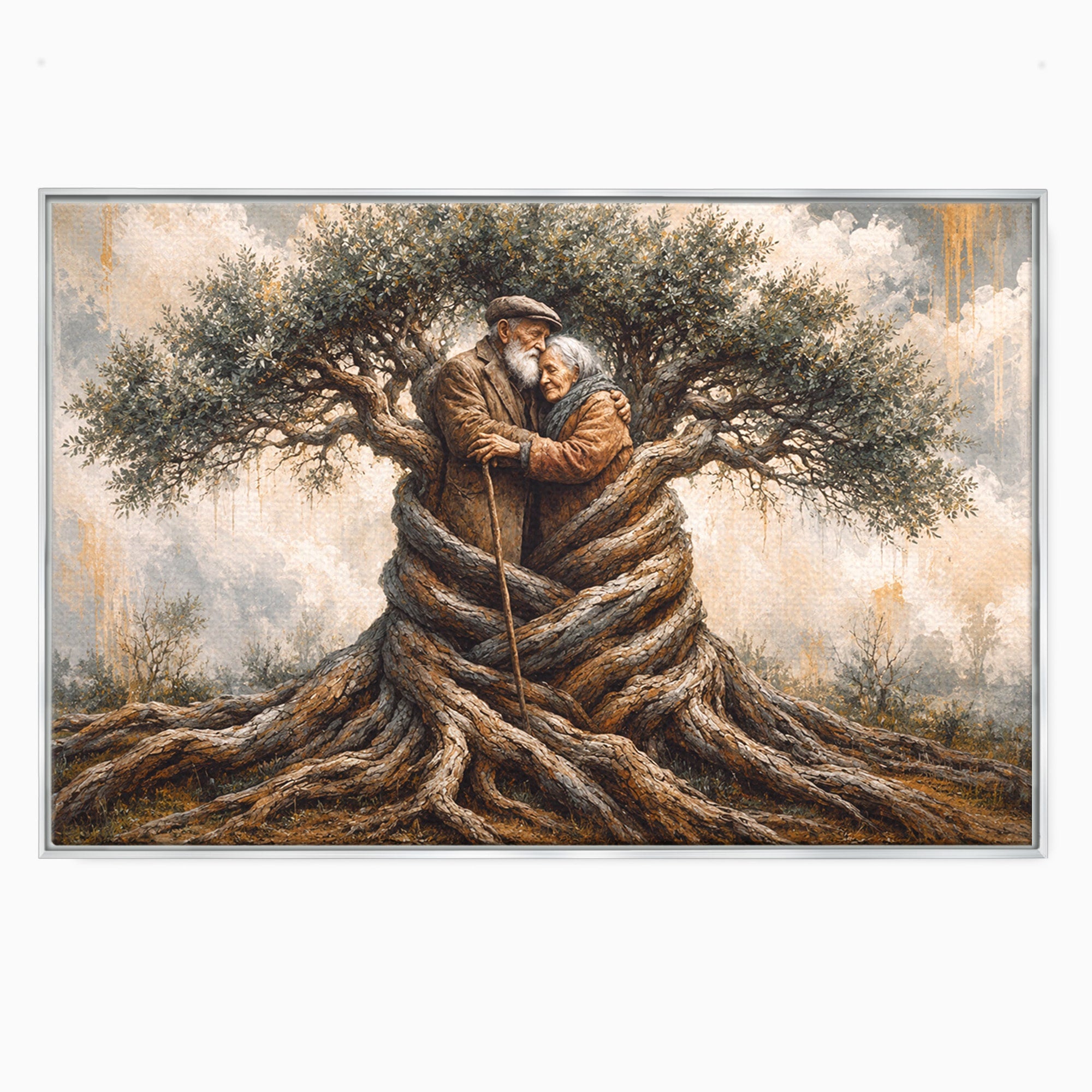Tablou Canvas Premium LuxCanva® U1010, Imbratisarea Timpului, Batrani, Copac, Iubire, Timp, Natura, Living, Culori Vibrante