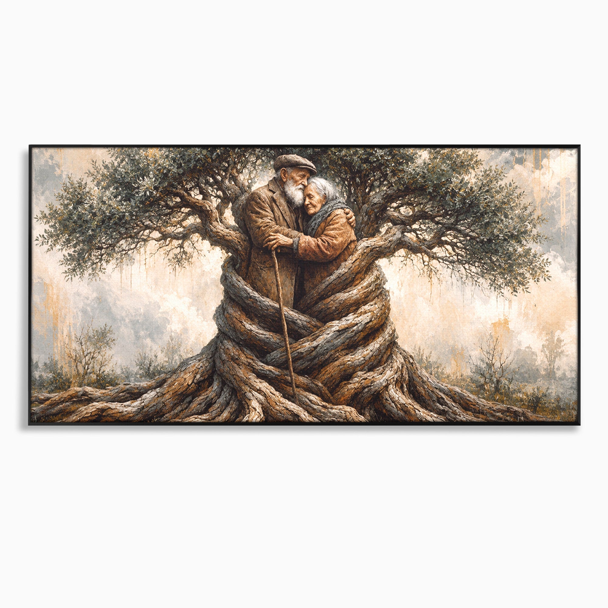 Tablou Canvas Premium LuxCanva® U1010, Imbratisarea Timpului, Batrani, Copac, Iubire, Timp, Natura, Living, Culori Vibrante