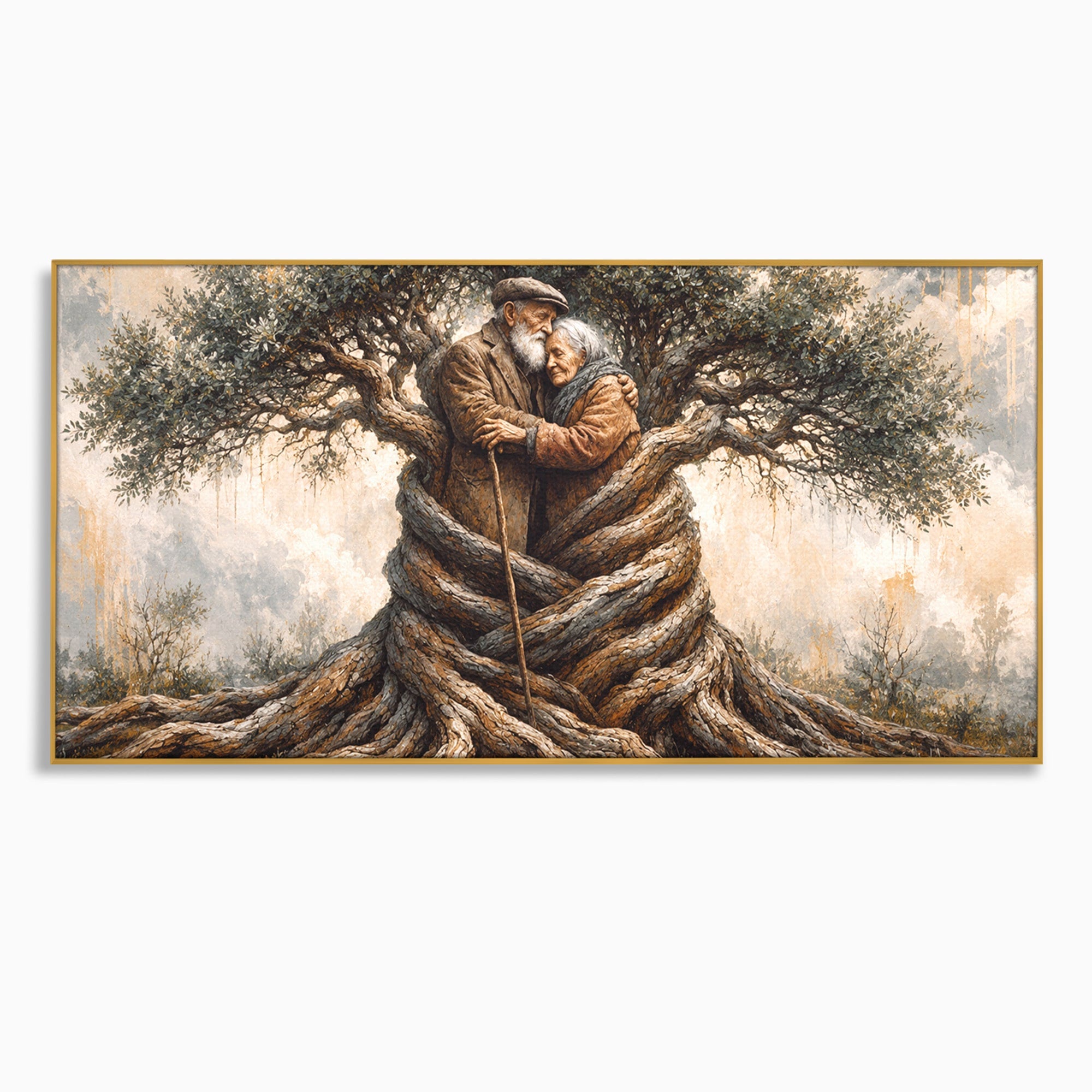 Tablou Canvas Premium LuxCanva® U1010, Imbratisarea Timpului, Batrani, Copac, Iubire, Timp, Natura, Living, Culori Vibrante