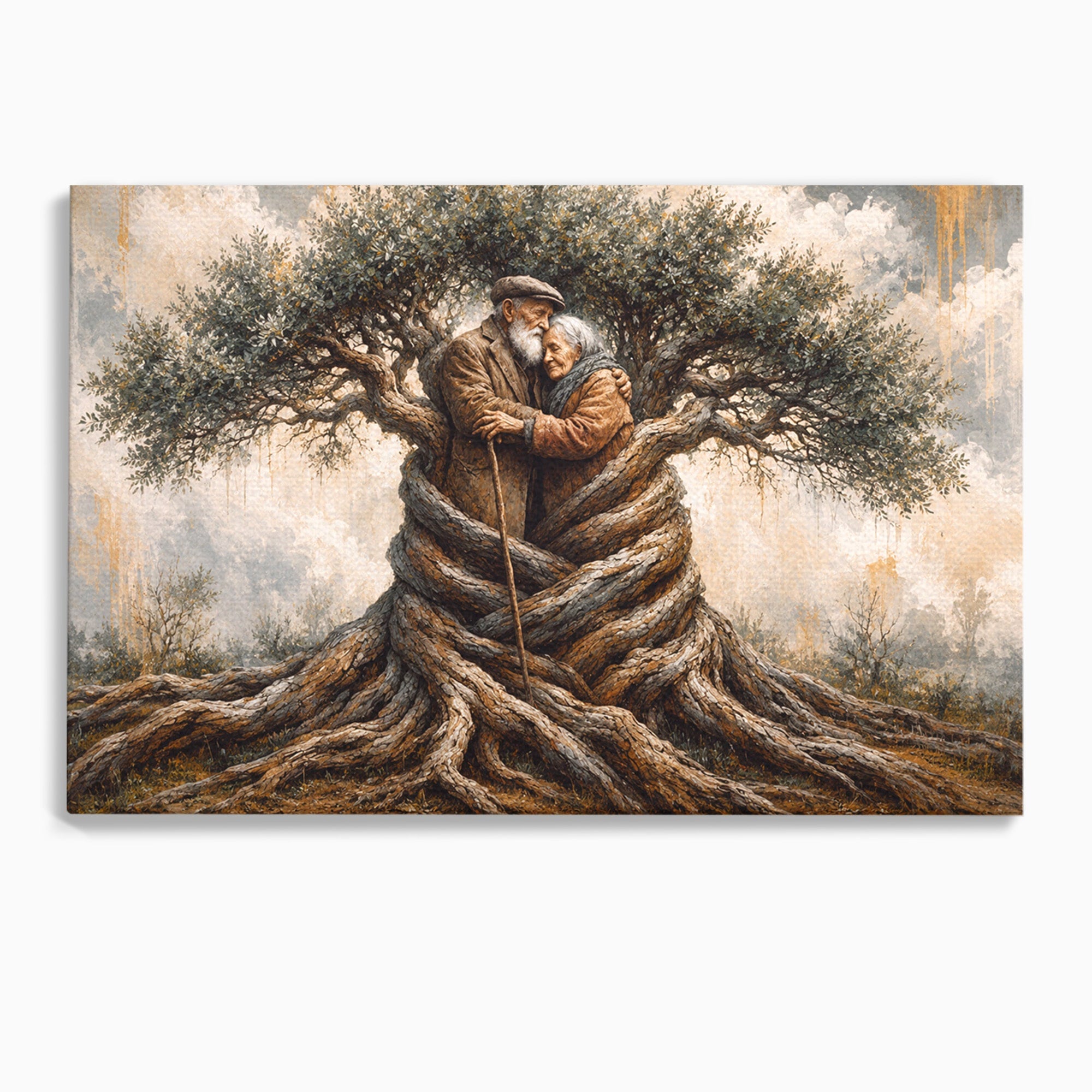 Tablou Canvas Premium LuxCanva® U1010, Imbratisarea Timpului, Batrani, Copac, Iubire, Timp, Natura, Living, Culori Vibrante
