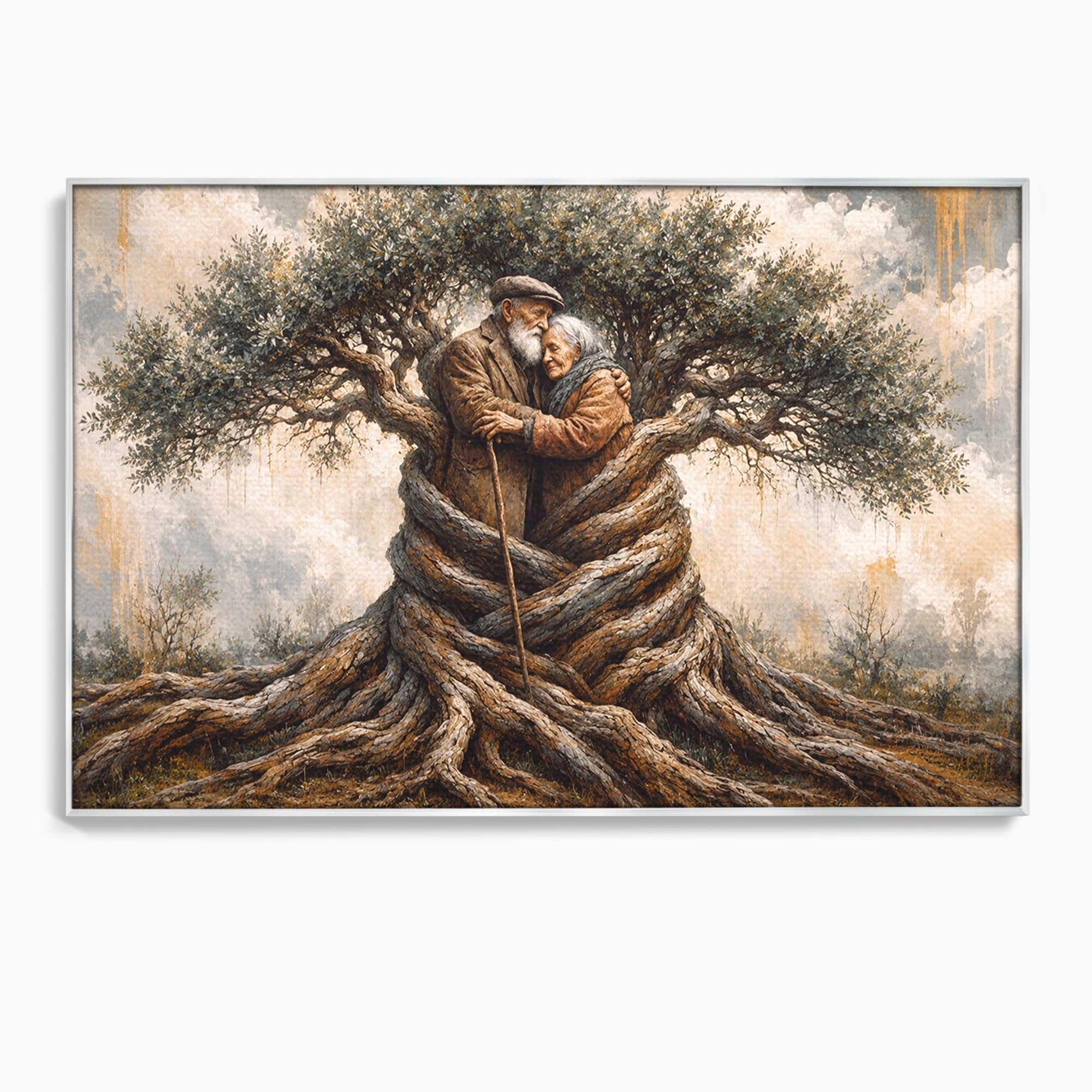 Tablou Canvas Premium LuxCanva® U1010, Imbratisarea Timpului, Batrani, Copac, Iubire, Timp, Natura, Living, Culori Vibrante