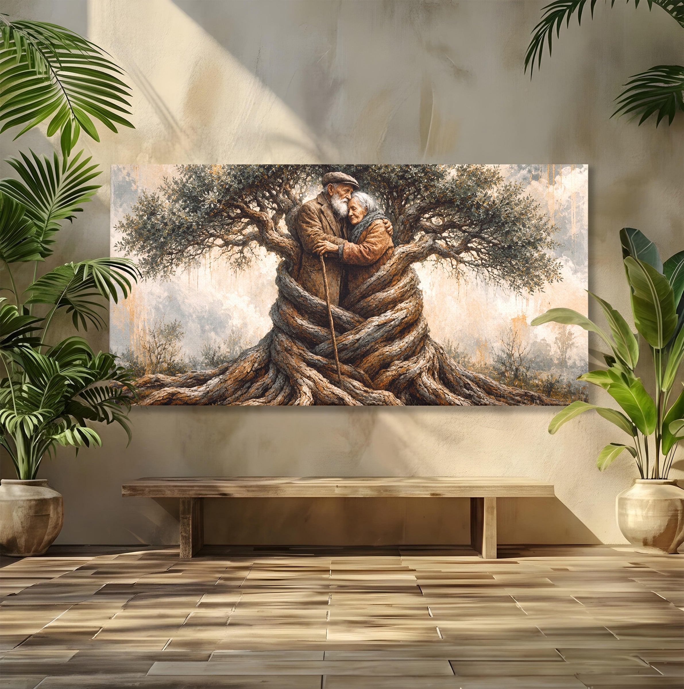 Tablou Canvas Premium LuxCanva® U1010, Imbratisarea Timpului, Batrani, Copac, Iubire, Timp, Natura, Living, Culori Vibrante