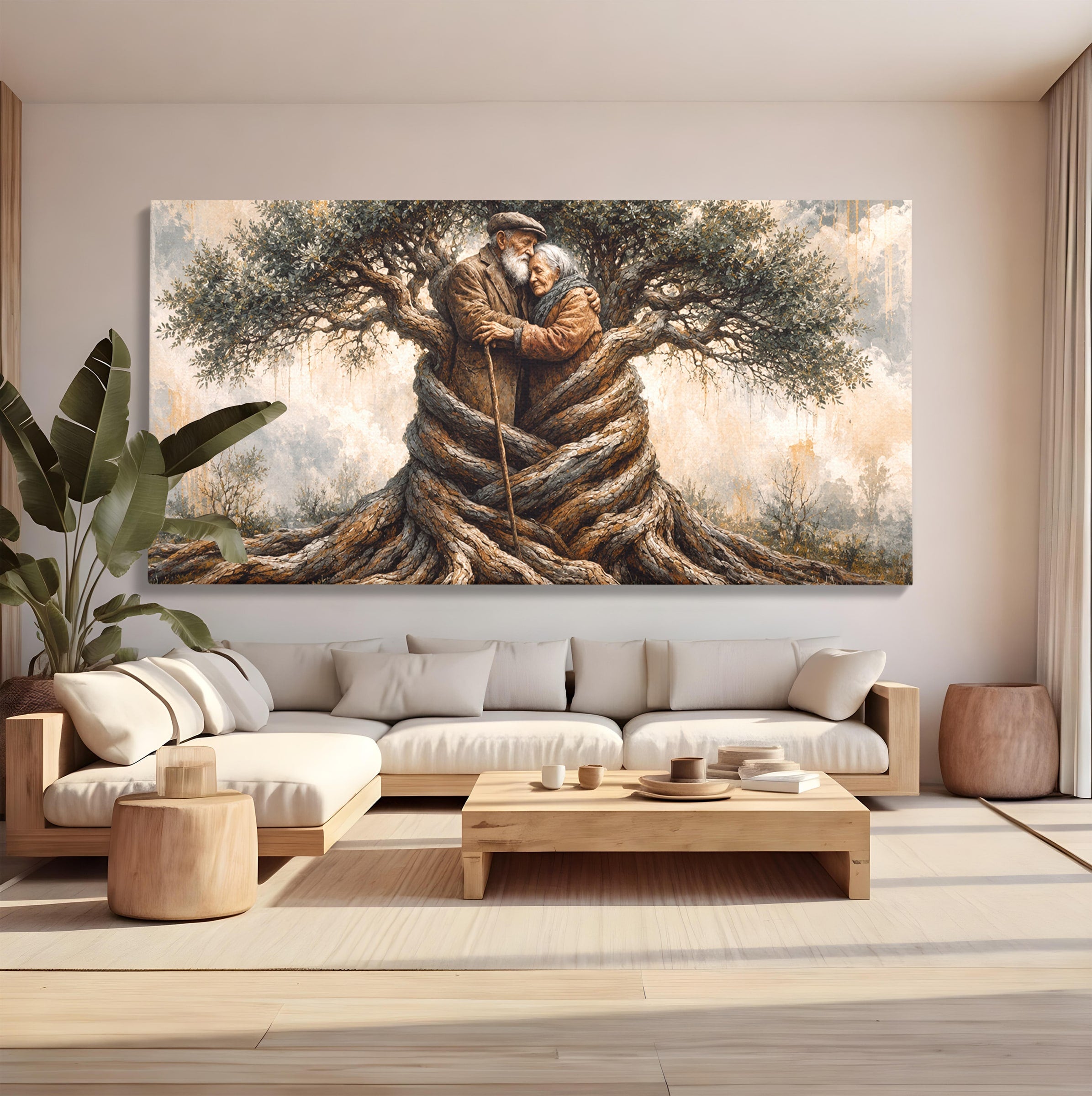 Tablou Canvas Premium LuxCanva® U1010, Imbratisarea Timpului, Batrani, Copac, Iubire, Timp, Natura, Living, Culori Vibrante
