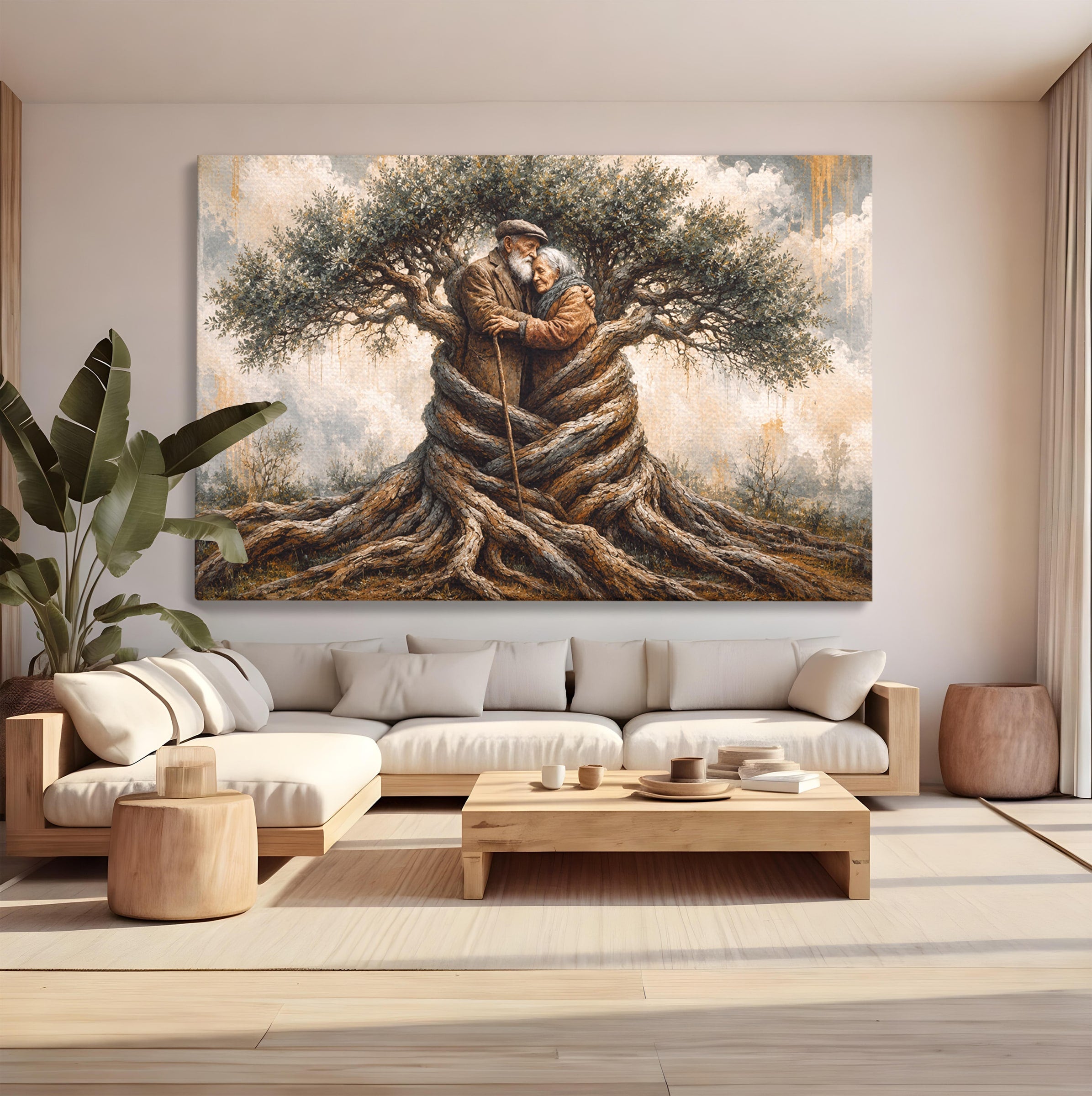 Tablou Canvas Premium LuxCanva® U1010, Imbratisarea Timpului, Batrani, Copac, Iubire, Timp, Natura, Living, Culori Vibrante
