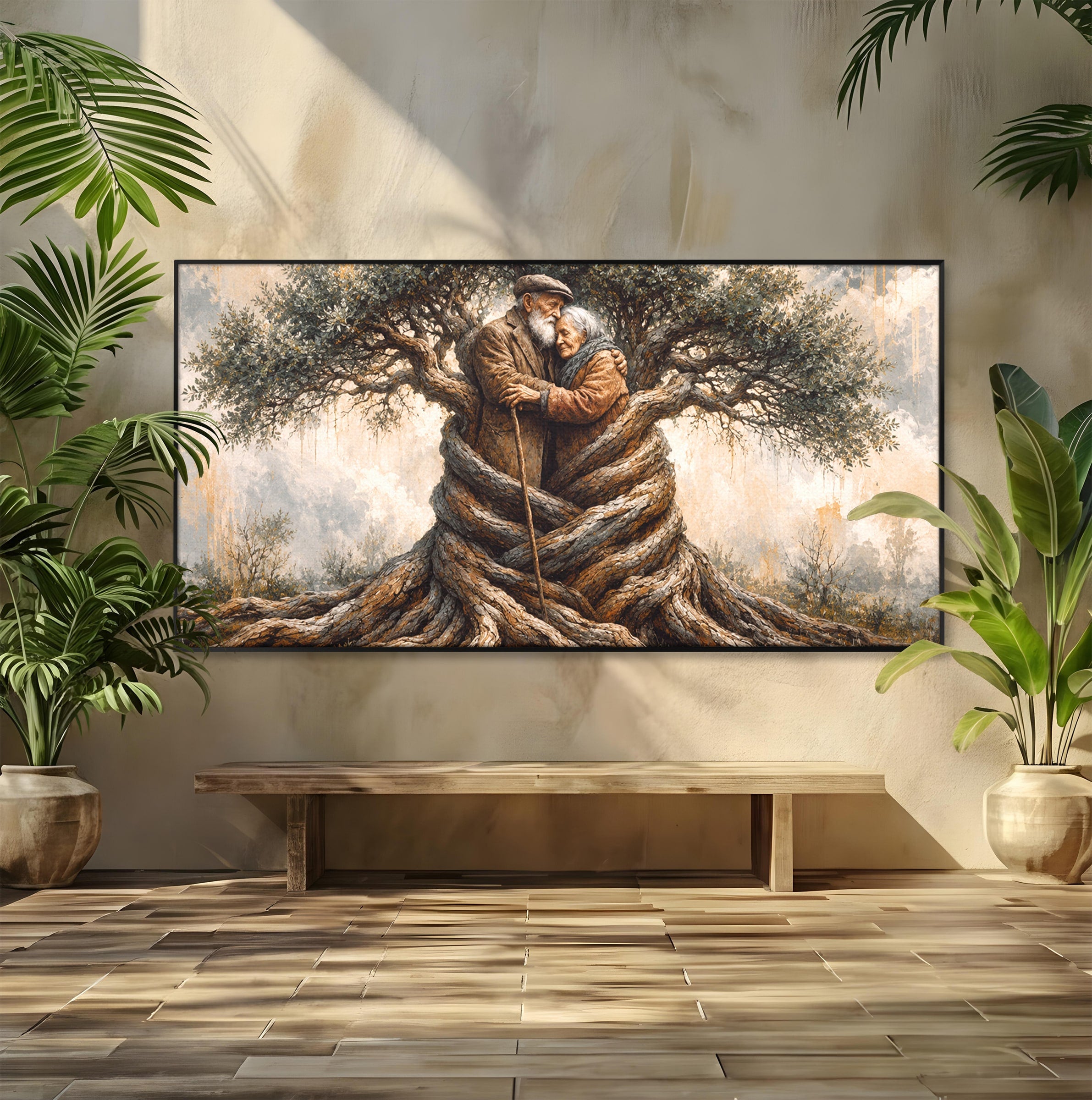Tablou Canvas Premium LuxCanva® U1010, Imbratisarea Timpului, Batrani, Copac, Iubire, Timp, Natura, Living, Culori Vibrante
