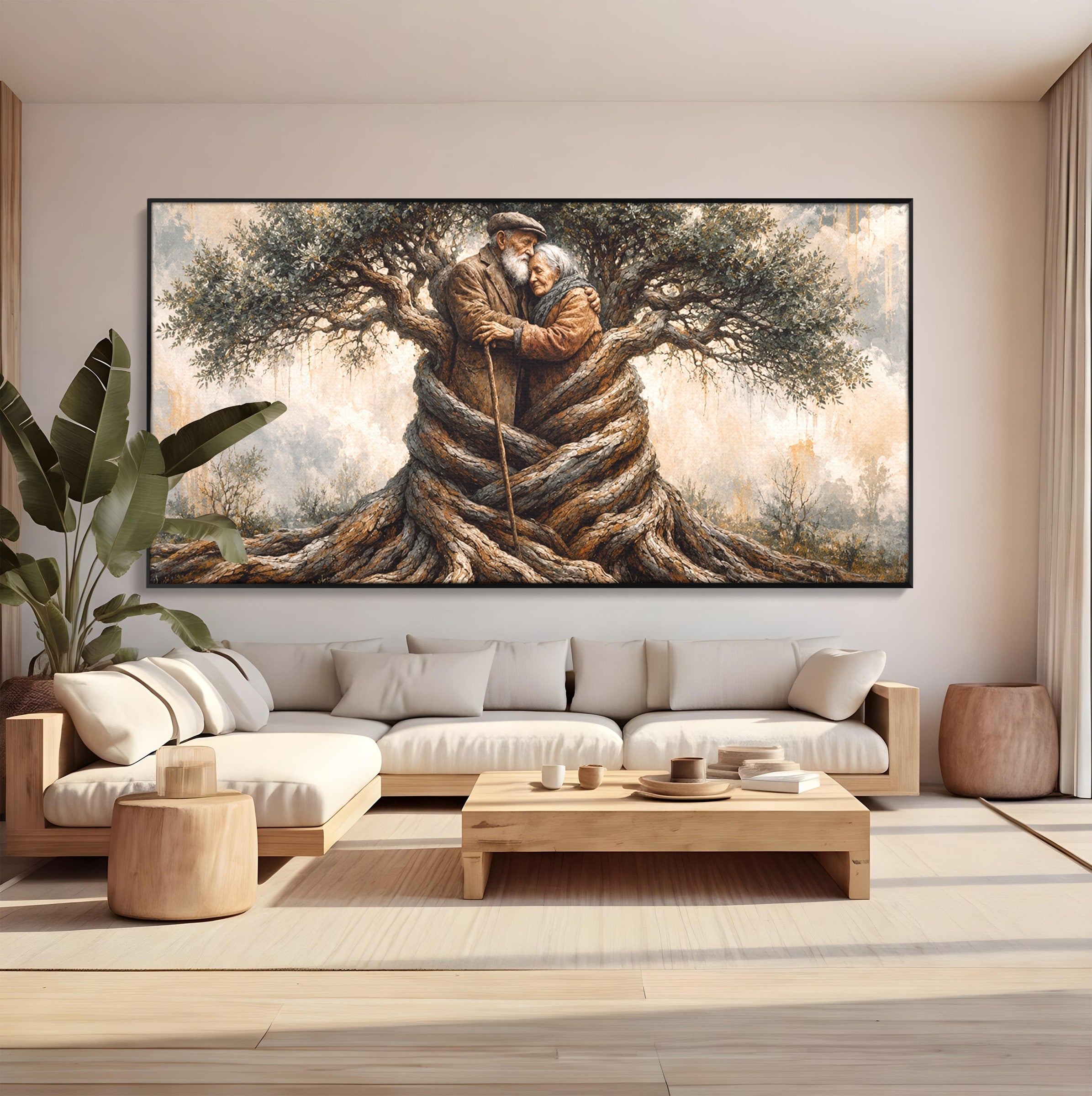 Tablou Canvas Premium LuxCanva® U1010, Imbratisarea Timpului, Batrani, Copac, Iubire, Timp, Natura, Living, Culori Vibrante